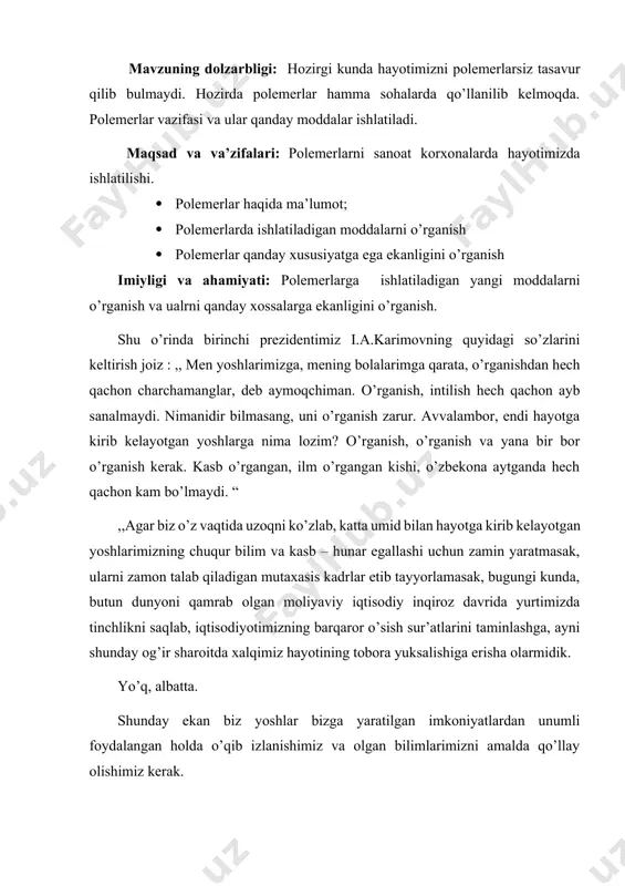 un zamin yaratmasak, ularni zamon talab qiladigan mutaxasis kadrlar etib tayyorlamasak, bugungi kunda, butun dunyoni qamrab olgan moliyaviy iqtisodiy inqiroz davrida yurtimizda tinchlikni saqlab, iqtisodiyotimizning barqaror o’sish sur’atlarini taminlashga, ayni shunday og’ir sharoitda xalqimiz hayotining tobora yuksalishiga erisha olarmidik. yo’q, albatta. shunday ekan biz yoshlar bizga yaratilgan imkoniyatlardan unumli foydalangan holda o’qib izlanishimiz va olgan bilimlarimizni amalda qo’llay olishimiz kerak. 1.polimer nanostrukturalar hosil qilish polimerlar tashqi kuch hisobiga uning makromolekulalar muvozanat holatidan energetik holatni egallaydi. bu holat nomuvozanat holatdir. shuning uchun ham energetik jihatdan muvozanat holatga utishga harakat qiladi. odatda molekula nomuvozanat holatdan muvozanat holatga qaytishi uchun molekula bir vaqt talab qilishadi. bu vaqt relaksatsiya vaqti deb yuritiladi. polimeralrni xarakterlaydigan biror bir kattalik vaqt davomida o`zgarishi analitik ko`rinishi quyidagicha yoziladi. s=s0e–t/τ t-kuzatish vaqti τ -relaksatsiya vaqti s-polimerlarning biror bir parametri polimerlar holati va harakaini o`rganishda hamma vaqt ular uchun tajriba kuzatish vaqti (t) , molekulalar darajasida o`zgarishini ifodalaydigan relaksatsiya vaqti …