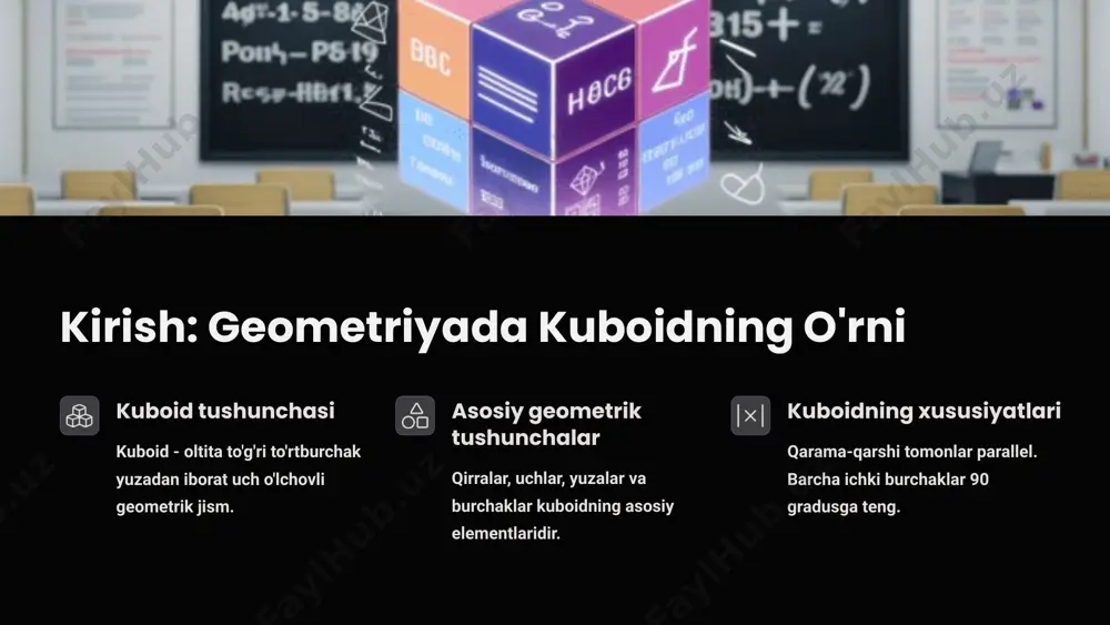 parametrlarini aniqlash kuboidning a, b va c o'lchamlarini belgilab olish. uchlari koordinatalarini aniqlash kuboidning sakkizta uchini koordinatalar sistemasida belgilash. qirralarni hisoblash qo'shni uchlar orasidagi masofani topish formulasidan foydalanish. natijalarni tekshirish hisoblangan qirralarni kuboidning nazariy xususiyatlari bilan solishtirish. amaliy misol: qirra uzunligini topish 1 misol: kuboid o'lchamlari kuboid o'lchamlari: a=3 sm, b=4 sm, c=5 sm 2 qirra uzunliklarini aniqlash to'g'ridan-to'g'ri qirralar: a=3 sm, b=4 sm, c=5 sm 3 diagonal qirralarni topish yuza diagonali: d₁ = √(a² + b²) = √(3² + 4²) = 5 sm 4 kuboid diagonalini topish fazoviy diagonal: d = √(a² + b² + c²) = √(3² + 4² + 5²) = √50 ≈ 7.07 sm kompleks masalalarni yechish texnikasi tahlil masalani tarkibiy qismlarga ajratish abstraksiya masalaning matematik modelini yaratish hisoblash tegishli formulalarni qo'llash tekshirish natijalarning to'g'riligini tahlil qilish matematikaning asosiy teoremalar pifagor teoremasi to'g'ri burchakli uchburchakda c² = a² + b². kuboid qirralarida keng qo'llaniladi. evklid teoremasi …