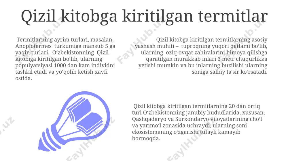a mansub 5 dan ortiq tur, oʻzbekistonning togʻli hududlarida, xususan, qoraqalpogʻiston va fargʻona vodiysining chekkalarida kam uchraydi. qizil kitobga kiritilgan qo'ng'izlar o'zbekiston qizil kitobiga kiritilgan ba'zi qo'ng'iz turlarining yashash joylari 500 dan kam kvadrat kilometr maydonni egallaydi, bu ularning yo'qolib ketish xavfini oshiradi. qizil kitobga kiritilgan 12 turdagi qo'ng'izlarning 7 turi o'zbekistonning janubiy hududlarida, xususan, surxondaryo viloyatining cho'l va dasht zonalarida uchraydi. ularning soni keskin kamayib bormoqda. qizil kitobga kiritilgan 3 ta yirik o'lchamli qo'ng'iz turi (taxminan 5-7 sm) asosan tog'li hududlarda, 2000 metrdan yuqori balandliklarda uchraydi va ularning populyatsiyasi juda oz sonli. kelajakdagi tadqiqotlar va istiqbollar тошкент вилоятидаги 10 та муҳофаза этиладиган ҳудуддаги камёб ҳашоратларнинг генетик хилма-хиллигини ўрганиш ва уларнинг 30 йилга мўлжалланган сақланиши стратегиясини ишлаб чиқиш муҳимдир. ўзбекистоннинг жанубий ҳудудларидаги 20 дан ортиқ қизил китобга киритилган ҳашорат турларини 5 йил ичида батафсил ўрганиш ва уларнинг популяция динамикасини аниқлаш бўйича кенг кўламли тадқиқотлар режалаштирилган. қорақалпоғистон республикасидаги 5 та минтақадаги …