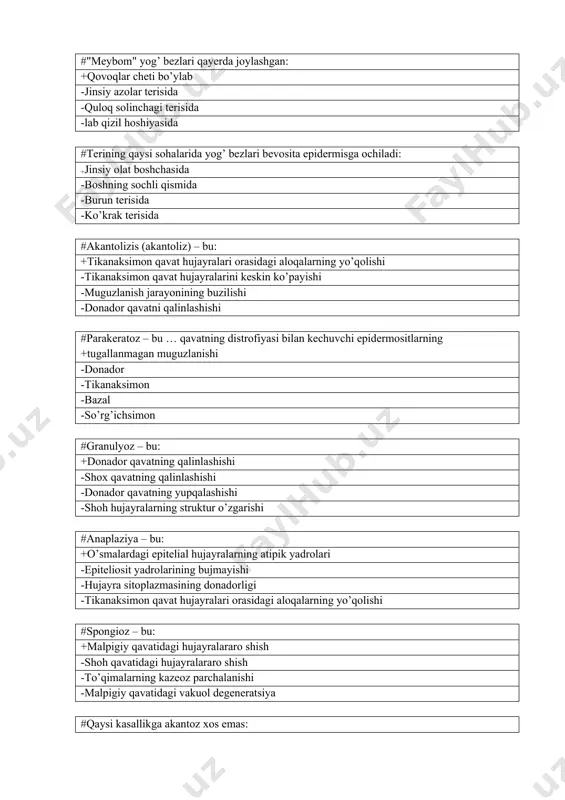 tidagi hujayralararo shish -to’qimalarning kazeoz parchalanishi -malpigiy qavatidagi vakuol degeneratsiya #qaysi kasallikga akantoz xos emas: +sklerodermiyaga -qizil yassi temiratkiga -neyrodermitga -psoriazga #qaysi dermatozlarda akantoliz kuzatiladi? +po’rsildoq yara -ekzema -kontakt dermatit -oddiy ektima #qaysi dermatozlarda granulyoz kuzatiladi? +qizil yassi temiratkida -turniol -oddiy temiratkida -oddiy pufakchali temiratkida #teriga qaysi funksiya xos emas: +toksinlarni hosil qilish -so’rish -ayirish -termoregulyatsiya #qaysi morfologik element proliferativ emas? + qavarchiq -tugun -tuguncha -do’mboqcha #qaysi morfologik element proliferativ emas? + yiringcha -tugun -tuguncha -do’mboqcha #qaysi morfologik element proliferativ emas? +pufakcha -tugun -tuguncha -do’mboqcha #qaysi morfologik element proliferativ emas? +pufak -tugun -tuguncha -do’mboqcha #qaysi morfologik element ekssudativ hisoblanadi? +vesicula -nodus -tuberculum -papula #qaysi morfolagik element ekssudativ hisoblanadi? +bulla -nodus -tuberculum -papula #qaysi morfologik element ekssudativ hisoblanadi? +urtica -nodus -tuberculum -papula #qaysi morfologik element ekssudativ hisoblanadi? +pustula -nodus -tuberculum -papula #qaysi morfologik element ekssudativ hisoblanadi? +fliktena -tugun -do’mboqcha -tuguncha #qaysi morfologik element proliferativ hisoblanadi? +nodus -vesicula -bulla -urtica #qaysi morfologik …