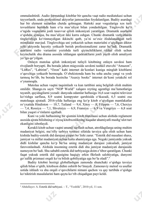 nlari dok. (phd) diss. / toshdo`tau. – t., 2020. – 36-b. ] yuqoridagi tadqiqotdan ko‘rinadiki, kitobxonlikning qadri har bir oilada kundan kun susayib bormoqda. mutolaaning ijodiy quvvati his etilmaguncha bu holat ortib boraveradi. bugungi kunda kitob mutolaasi bilan shug‘ullanish bilan birga uni targ‘ib qilish ham muhim masalalardan biri. kitobxonlikni turli yosh va soha kishilari o‘rtasida targ‘ib qilishda mutolaaga jalb qilinadigan kitoblarning mavzu yo‘nalishlarini ham aniqlab olish muhimdir. turli toifa kishilari sharoitidan, vaziyatidan, faoliyatidan va kasbidan kelib chiqib kitob tanlaydilar. tanlovning to‘g‘ri qilinishi natijaning samaradorligini ta’minlaydi. ziyouz.com portali asoschisi davronbek tojialiyev “kitob haqida kitob” risolasida qiziqarli tadqiqot natijasini e’lon qilgan. unda ziyouz.com portali tomonidan internet tarmog‘ida 2017-yil bir hafta davomida o‘tkazilgan “yoshlar nima o‘qiyapti?” mavzusidagi so‘rovnomada kitobxon yoshlarning qanday kitoblar mutolaa qilayotgani o‘rganilgan. internetning o‘zbek segmentidagi mashhur saytlar (kun.uz, sof.uz, azon.uz, ziyouz.uz), facebook va telegram tarmog‘ida e’lon qilingan onlayn so‘rovnomada 536 nafar o‘zbek kitobxon yoshlari ishtirok etgan. ular tomonidan 614 nomdagi …
