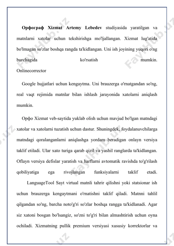 a katta formatda chop etish mumkin. lekin ms word - ayrim kamchiliklar dan ham holi emas. masalan: matematik ifodalar va kimyoviy formulalarni kiritishda katta qiyinchiliklar mavjud. bundan tashqari, juda murakkab strukturali poligrafik (atlaslar, albomlar va jurnal muqovalari) materiallarini tayorlashda noqulaylik yuzaga keladi. shunday qilib, word matn muxarriri komagida rus va ingliz tilida xar xil xujjatlar, xat, xisobot, maqola, tijorat xabarlari kabi bir turkum matnli malumotlarni zudlikda tayorlash va chop qilish mumkin. ingliz tili (ingl. english) - hind-yevropa oilasining german guruhiga kiruvchi til. ingliz xalqining tili. avstraliya, aqsh, birlashgan qirollik, hindiston, irlandiya, jar, kanada, liberiya, malta va yangi zelandiyaning rasmiy tili. 3. microsoft word matn muxarriri va uning imkoniyatlari bu matn muxarriri yordamida ozbek shriftida va lotin alifbosi asosida, ozbek tilida xar xil malumotlarni osonlik bilan tayorlash mumkin. word matn muxarriri imkoniyatlari. -matnni kiritish, taxrir qilish va kozdan kechirish; -qator oraliqlari abzatsini ornatish; -avtomatik tarzda matnni saxifalarga bolish; -matn qismni ajratish …
