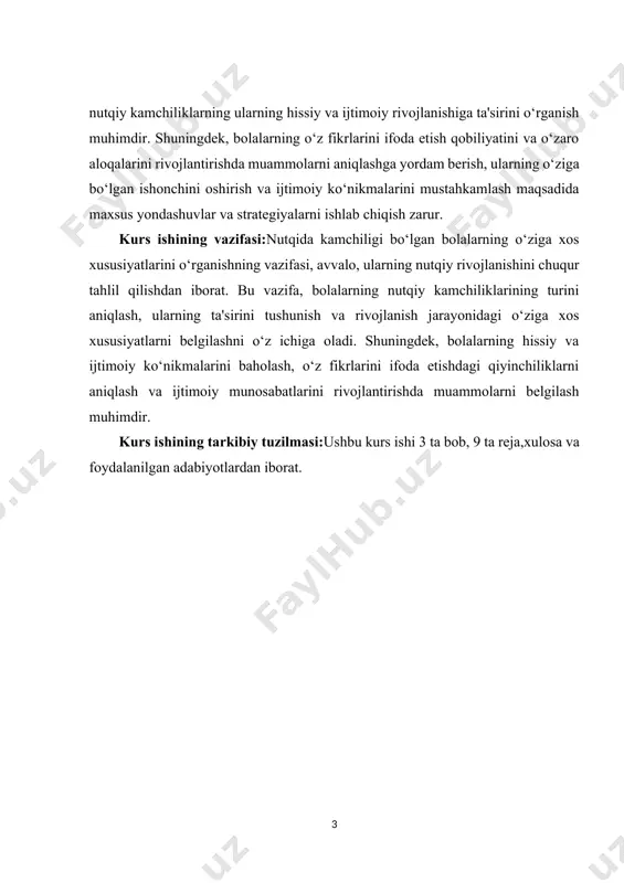 qida kamchiligi bo‘lgan bolalarning umumiy tavsifi. 1.1.nutqiy nuqson tushunchasi va uning turlari. nutqiy nuqson tushunchasi va uning turlari haqida batafsil ma'lumot berish uchun quyida umumiy tushunchalar, turlari va ularning xususiyatlari keltiriladi. nutqiy nuqson deganda, inson nutqida paydo bo'ladigan turli xatolar va kamchiliklar nazarda tutiladi. bu nuqsonlar odamning nutqida, ovozida yoki tilida namoyon bo'lishi mumkin. nutqiy nuqsonlar, odatda, turli sabablarga ko'ra yuzaga keladi va ularning turli turlari mavjud.nutqiy nuqsonlar ko'pincha insonning ijtimoiy hayotiga, o'z-o'zini ifoda etishiga va shaxsiy rivojlanishiga salbiy ta'sir ko'rsatadi. ular, shuningdek, inson psixologiyasiga ham ta'sir qilishi mumkin, chunki nutqiy nuqsonlar ko'pincha o'ziga ishonchni pasaytiradi va kommunikatsiya jarayonida qiyinchiliklar keltirib chiqaradi. nutqiy nuqsonlar quyidagi turlarga bo'linadi: dizlaliya: bu nutqiy nuqsonda odam so'zlarni noto'g'ri talaffuz qiladi yoki so'zlarni o'zgartirib aytadi. masalan, "suv" o'rniga "suvq" deyishi mumkin. dizlaliya ko'pincha bolalikda paydo bo'ladi va ko'plab bolalar o'sish jarayonida bu muammoni yengib o'tishadi. afaziya: afaziya nutqiy nuqson bo'lib, odamning tilni tushunish va ifoda …