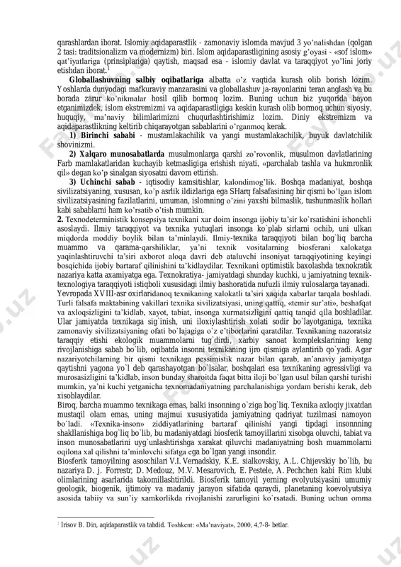 uyimga toza havo kirib turishi kerak. shu bilan birga, ochilgan eshik va derazalarimdan kirayotgan havo dovul bo’lib uyimni ag’dar-to’ntar qilib tashlashi, o’zimni esa yiqitib yuborishini ham istamayman». shuning uchun ham milliy istiqlol g’oyasi bugungi globallashuv jarayonida uyimizni, hayotimizni toza havo bilan ta’minlab, ayni paytda, «dovullar»dan saqlash omili ekanligini anglash mumkin. globallashuvning ijobiy tomoni shundan iboratki, u xalqlarning, davlatlarning, milliy madaniyat va iqtisodiyotlarning yaqinlashishini tezlashtiradi, ularning rivojlanish uchun yangi imkoniyatlar ochadi. globallashuvning salbiy tomoni shundan iboratki, ko’p ming-ming mayda, qoloq etnik guruhlar va millatlarning madaniyati, tili, rasm-rusmlari jahon bo’ylab kuchayib borayotgan globallashuv jarayonlarida kata millatlar, yirik milliy madaniyatlar, boy tillar bilan raqobatlasha olmay, o’z-o’zidan faol ijtimoiy-iqtisodiy, lisoniy-zaboniy hayotdan chntga chiqib qolmoqda. bunday sharoitda har bir ongli fuqaroning vazifasi – o’z millatining raqobatbardoshligini ko’tarish, buning uchun uning faol siyosati, tadbirkor iqtisodiyoti, madaniyatida salmoqli yutuqlari uchun kurashishdir. buning uchun mustaqil o’zbekistonning har bir fuqarosi 4 ta sifatga ega bo’lishi kerak: 1) zamonaviy mutaxassis …