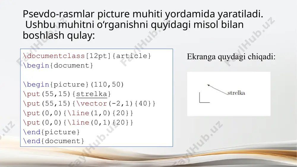 ladi keyin \put vergul bilan ajratilgan qavslar, ob’ektning koordinatalarini bajaradi, figurali qavslarda avval bo‘sh joysiz abstsissa, keyin ordinat psevdo-chizmaga joylashtiriladi; obyekt standart joylashuvi, psevdo-rasmning pastki chap burchagi bo’ladi. obyektning koordinatalari haqida gapirganda, ushbu ob’ektdagi "mos yozuvlar nuqtasi" deb nomlangan koordinatalari nazarda tutiladi. agar obyekt matn bo‘lsa, unda uning pastki chap burchagida joylashadi. ba’zan, matnni joylashtirayotganda pastki chapga emas, balki uning o‘ng tomoniga, koordinatalarini belgilash qulayroq bo‘ladi. burchak. buning uchun \llap buyrug‘ini bitta argument bilan ishlatish mumkin - boshlang‘ich nuqtasi pastki o‘ng tomonda joylashgan matnli burchak. quyidagi misolda bold “mushuk” so’zining boshlang‘ich nuqtasi pastki chap burchakda bo‘ladi, va "to’g‘rilangan“i - pastki o‘ngda. \documentclass[12pt]{article} \usepackage[cp1251]{inputenc} \usepackage[t2a]{fontenc} \usepackage[russian]{babel} \begin{document} \begin{picture}(110,40) \put(82,20){\textbf{mushuk}} \put(80,20){\llap{\textsf{mushuk}}} \end{picture} \end{document} pictere muhiti bilan bog‘liq yana bir nechta umumiy qoidalar. birinchidan, ushbu muhit ichida bo‘sh joylar bo‘lmasligi kerak. ikkinchidan, rasm muhiti atrofdagi matn bilan o‘zaro aloqasi haqida gapirish kerak. ushbu muhit yaratgan barcha psevdo-chizmalar tex tomonidan bitta katta xarf sifatida …