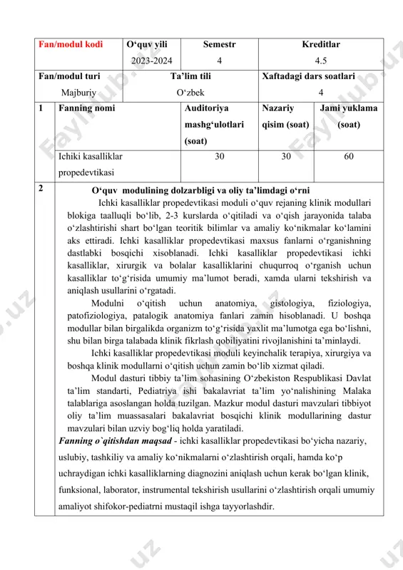 instrumental tekshiruvlar haqida umumiy tushuncha. zamonaviy laborator va instrumental tekshiruv usullarini ahamiyati. klinik o‘quv mashg‘ulot:klinik tekshirish usullarini o‘tkazish. interfaol o‘yin:”assisment” 2 2 4 3 ma’ruza № 2. nafas tizimi a’zolari kasalliklarida bemorlarni tekshirish. so’rab-surishtirish. ko„zdan kechirish. palpatsiya, perkussiya va auskultatsiya ob’ektiv tekshirish usullari. asosiy va qo„shimcha nafas shovqinlari. nafas tizimi kasallangan bemorlarda kuzatiladigan asosiy klinik sindromlar. amaliy mashg’ulot №3. nafas a’zolari kasalliklari bilan kasallangan bemorlarni tekshirish. so’rab- surishtirish. asosiy va kushimcha shikoyatlar. ko„krak qafasini ko„zdan kechirish. palpatsiya (paypaslash) – ob’ektiv tekshirish usuli sifatida. limfatik tugunlar va ko„krak qafasi palpatsiyasi. klinik o‘quv mashg‘ulot: ko‘krak qafasi kuzdan kechirish, kukrak kafasi palpatsiyasi. interfaol o‘yin:”assisment” 2 / 2 2 6 4 amaliy mashg’ulot №4. nafas a’zolari kasalliklari bilan kasallangan bemorlarni tekshirish. perkussiya – ob’ektiv tekshiruv usuli sifatida. o„pkaning qiyosiy va topografik perkussiyasi. norma va patologiyada. klinik o‘quv mashg‘ulot:o‘pkaning perkussiyasini utkazish. interfaol o‘yin:”assisment” 2 2 4 5 amaliy mashg’ulot №5. o’pkani eshitish (auskultatsiya). texnika va …
