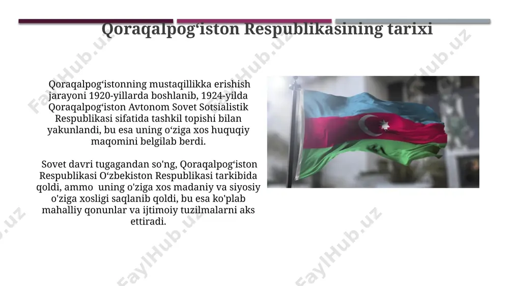qismini tashkil etadi. qoraqalpogʻiston respublikasining sanoati qoraqalpogʻistonda 50 dan ortiq yirik va oʻrta sanoat korxonalari faoliyat yuritadi, ulardan 30 tasi kimyo sanoati sohasida ishlab, yillik mahsulot hajmi 200 million aqsh dollaridan oshadi. respublika ichki yalpi mahsulotining 12 foizini sanoat tarmoqlari, jumladan, kimyo sanoati, metallurgiya va toʻqimachilik kabi sohalar tashkil etadi, bu koʻrsatkich oxirgi 5 yilda 3% ga oʻsgan. qoraqalpogʻiston respublikasining siyosiy tuzumi qoraqalpogʻiston respublikasi oʻzbekiston respublikasining tarkibiga kiruvchi suveren davlat boʻlib, oʻz konstitutsiyasi va qonunlariga ega. uning oliy kengashi 120 deputatdan iborat boʻlib, 5 yil muddatga saylanadi. qoraqalpogʻiston respublikasining siyosiy tizimi prezidentlik respublikasi shaklida tashkil etilgan boʻlib, undagi qonun chiqaruvchi hokimiyat oliy kengashga, ijro etuvchi hokimiyat esa hukumatga tegishli. qoraqalpogʻiston respublikasining tabiiy boyliklari qoraqalpogʻistonning aral dengizi havzasida 1,7 million gektardan ortiq yer maydonini egallagan ulkan tuz konlari mavjud boʻlib, ular milliy iqtisodiyot uchun muhim ahamiyatga ega. respublika hududida 20 dan ortiq turdagi foydali qazilmalar, jumladan, gaz kondensati, neft, fosfor, oltin …