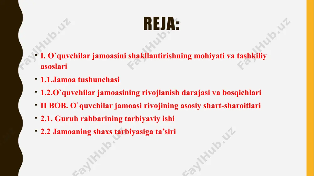 moa deganda bir necha kishilarning muayyan maqsad yo‘lida birlashuvidan iborat tashkiliy guruhi tushuniladi (masalan ishlab chiqarish jamoasi, zavod jamoasi, o‘quv yurti jamoasi, xo‘jalik jamosi va hokazo). ikkinchidan, jamoa deganda yuqori darajada uyushtirilgan guruh tushuniladi. o‘quvchilar jamoasi yuqori darajada uyushtirilgan birlashma hisoblanadi.jamoada va jamoa yordamida tarbiyalash - tarbiya tizimida muhim ahamiyatga ega bo‘lgan tamoyillardan biridir. shaxsni shakllantirishda jamoaning etakchi rol o‘ynashi to‘g‘risidagi fikrlar pedagogika fanining ilk rivojlanish davrlaridayoq bildirilgan. jamoada uning a'zolari o‘rtasidagi munosabatning alohida shakli yuzaga keladi, bu esa shaxsning jamoa bilan birgalikda rivojlanshini ta'minlaydi. lekin har qanday guruhni ham jamoa deb hisoblab bo‘lmaydi. jamoa bir qator belgilarga egadirki, mazkur belgilar jamoani kishilarning etarli darajada uyushgan har qanday guruhdan ajratib turadi. o‘quvchilar jamoasi o‘ziga xoslik kasb etuvchi muhim belgilarga egadir. quyida jamoa va uning xususiyatlari (belgilari) borasida so‘z yuritamiz. jamoa ijtimoiy jamiyatning bir qismi hisoblanadi, unda ijtimoiy hayot va kishilik munosabatlarining barcha me'yorlari o‘z ifodasini topadi.shunday qilib, jamoa bir necha …