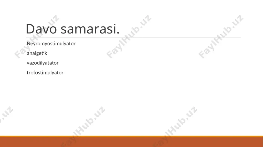 aklar motor birligining 20% dan ko'prog'i qolsa, bu qismlarni immobilizatsiya qilish jarayonida atrofiya profilaktikasida, shuningdek alohida muskullar va ularning guruhlarini maqsadli mashq qildirishda ayniqsa samaralidir. sarkoplazmada makroergik birikmalarning tarkibi (atf, kreatin fosfat va boshqalar) oshadi va qon ta'minoti va limfatik drenajni faollashgandan so'ng, trofoenergetik jarayonlar kuchayadi. past chastotalarda, i tipdagi mushak tolalariidagi glikoliz jarayonlari faollashadi va chastota oshirilishi bilan, hujayra darajasida nafas olish va ii tipli mushak tolalaridagi oksidlovchi fermentlarning faolligi oshadi. somatik innervasyaning segmentar-refleksli tabiati tufayli, elektr impulslar bilan stimulyatsiyalangan nerv va mushaklarda simmetrik ravishda to’qima nafas olishi yaxshilanadi, organlar va to'qimalarning neyrogumoral regulyatsiyasini faollashtiradi. bunday qisqarish yuqorida turgan bo’limlarlarda adaptiv dinamik vosita stereotipini hosil qiladi. davo samarasi. mushaklarni stimullovchi vazodilyatator trofostimulyator ta’sir ko’rsatadi. ko'rsatmalar og'riq sindromi bilan bog'liq periferik asab tizimi kasalliklari (kauzalgia, neyromiozit, nevralgiya, lyumbago, radikulit, simpatalgiya), tayanch-harakat tizimi o’tkir travmatik zararlanishi (boylamlar zararlanishi, lat yeyish, chiqish, mialgiya,tendovaginit, periartrit, mushak atrofiyasi, epicondilit), bo’g’im kasalliklari, bexterev kasalligi, birlamchi …