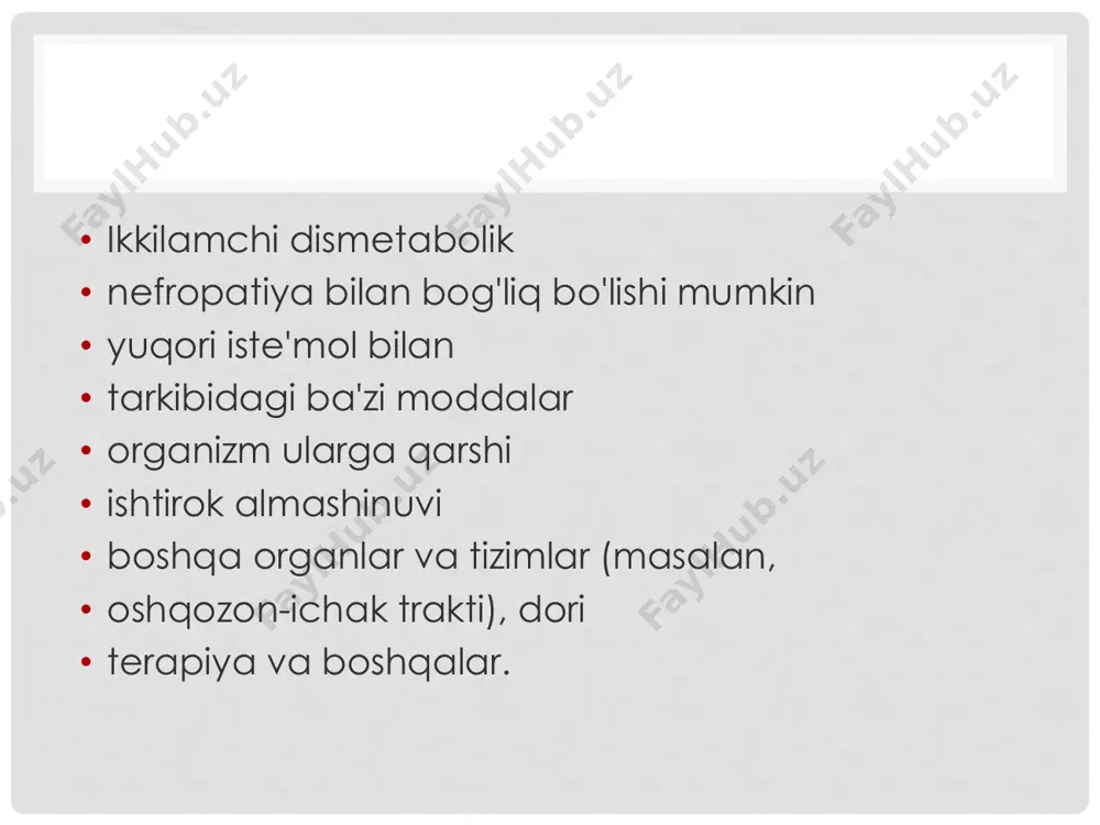fropatiya tashxisi uchun asos bo'lmaydi. itni esdan chiqarmaslik kerakki, bolalarda siydikda kristallarning chiqarilishi ko'pincha vaqtinchalik va metabolik kasalliklar bilan bog'liq emas. • nefropatiya aniqlanganda tashxisni tasdiqlash uchun dismetabolik tuz kristallari • biokimyoviy siydik bilan o'tkaziladigan siydik tahlili • kalsifilaksi uchun test hujayradagi kaltsiy almashinuvidagi anormalliklarni aniqlashi mumkin. siydik peroksid testi faollikni aks ettiradi • hujayra membranalarining peroksidlanishi. • buyraklarning ultratovush tekshiruvi bilan aniqlangan o'zgarishlar, qoida tariqasida, kam o'ziga xoslikka ega.buyraklardagi mikrotoshlar yoki inklyuziyalarni aniqlash mumkin • har qanday dismetabolik nefropatiyani davolash mumkin • to'rtta asosiy tamoyilga asoslanadi: • • hayotni normallashtirish; • • to'g'ri ichish rejimi; • • parhez; • • davolashning o'ziga xos usullari. • • ko'p suyuqlik ichish universal usuldir • har qanday dismetabolik nefropatiyani davolash, chunki u osonlashtiradi • siydikda erigan moddalar kontsentratsiyasining pasayishi • • davolashning maqsadlaridan biri tovushni oshirishdir • kechasi siydik, suyuqlik iste'moli yotishdan oldin erishiladi. • oddiy yoki mineral suvga ustunlik berish kerak. …