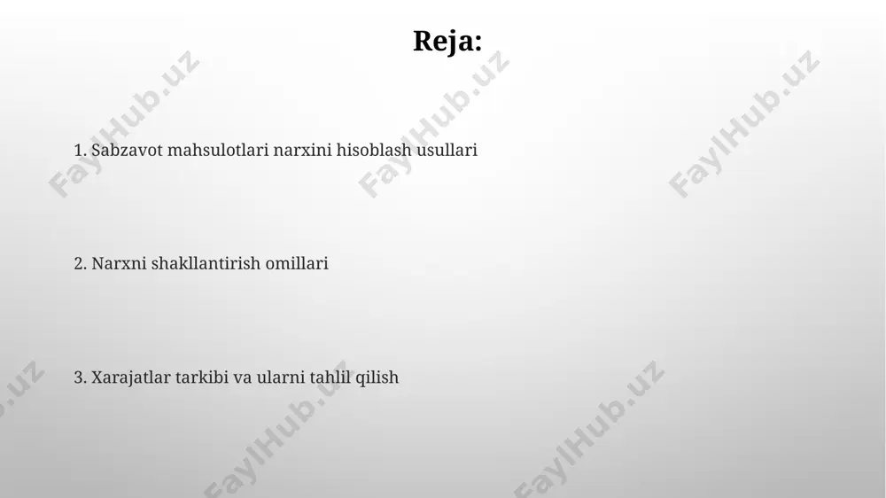 ҳар гектарига 5 млн сўм миқдорида қадоқлаш харажатлари кузатилган. saqlash xarajatlari андижон вилоятидаги картошка омборларида 1 тонна картошкани 3 ой давомида сақлаш учун, зараркунандаларга қарши кураш ва вентиляция ҳисобига, тахминан 150.000 сўмдан 200.000 сўмгача харажат бўлиши мумкин. сақлаш ҳарорати 2-4°c бўлган омборхоналарда сабзини 6 ойгача сақлаш учун 1 кг сабзи учун ўртача 50 сўмдан 100 сўмгача сақлаш харажатлари кетади, бу тошкент шаҳри учун ўртача кўрсаткичдир. marketing va reklama xarajatlari тошкент шаҳридаги сабзавот маҳсулотларини реклама қилиш учун 150.000 сўмдан 300.000 сўмгача бўлган оралиқдаги бюджет ажратиш, онлайн ва оффлайн маркетинг каналларини қамраб олиш самарали бўлади. самарқанд вилоятидаги бозорларда сабзавот маҳсулотларини сотиш учун 20% маркетинг бюджетини бевосита сотув нуқталаридаги реклама ва акцияларга йўналтириш, яъни 10.000 сўмлик маҳсулот учун 2.000 сўм сарфлаш мақсадга мувофиқдир. narx strategiyasi тошкент шаҳри бозорларидаги картошка нархларини таҳлил қилиш 2023 йилнинг июнь ойида килограмм учун ўртача 3000 сўмни ташкил этганини кўрсатди. марказий ўзбекистоннинг 5 та туманидаги сабзавот етиштирувчилари билан ўтказилган …