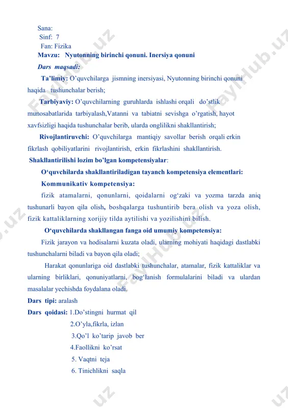 s moduli № mazmuni vaqti (45 min) metod kerakli jihozlar 1 tashkillashtirish 2 kichik guruh rasmli didaktik materiallar 2 guruhlarga vazifalar berish orqali, o’tilgan mavzuni so’rash 10 taqdimot har bir guruh uchun taqdimot va magnit,temir bo’lagi, idishda suv, po’kak, o’chirg’ich, koptok, sharcha, arqon,va… 3 tarqatma materiallar orqali so’rash 5 “topqirlik” mashqi dinamometr “shatrang’ taxtasi” tarqatma savollar 4 yangi mavzuni tushuntirish 16 “tushintirish” “kichik tajribalar” plakatlar,kompyuter, grafopraektor, ekran, o’yinchoq aravacha, qum, o’yinchoq mashina, tosh, ipga osilgan sharcha va qaychi. 5 mustahkamlash, 5 dominoli boshqotirma savollar 6 yakunlash 5 rag’batlantirish “eng faol” guruh va “eng faol” o’quvchini aniqlash 7 uyga topshiriq berish 2 mustaqil o’rganish darslik a) tashkillashtirish: sinfga kirib o’quvchilar bilan salomlashaman, navbatchi o’quvchi axborotini tinglab davomatni aniqlayman. sinfdagi o’quvchilarning darsga tayyorgarligi, sinfning tozaligiga e’tibor beraman. ma’naviyat daqiqasi: o’qituvchi: xush azizlar bizlar dekabr oyida qanday muhim sanalarni bilamiz? o’quvchilar: · 8-dekabr konstitutsiya kuni; · 10-dekab o’zbekiston respublikasi madhiyasi qabul qilingan kun; …