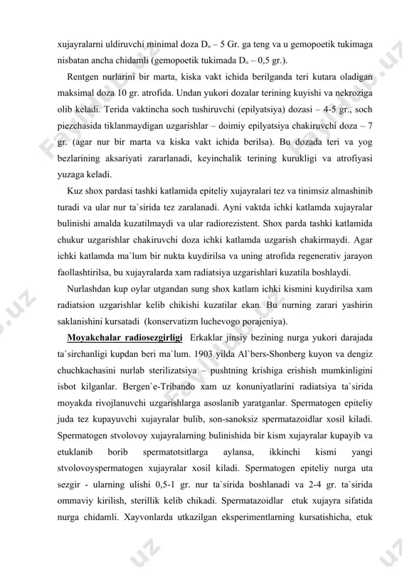 kchalar radiosezgirligi erkaklar jinsiy bezining nurga yukori darajada ta`sirchanligi kupdan beri ma`lum. 1903 yilda al`bers-shonberg kuyon va dengiz chuchkachasini nurlab sterilizatsiya – pushtning krishiga erishish mumkinligini isbot kilganlar. bergen`e-tribando xam uz konuniyatlarini radiatsiya ta`sirida moyakda rivojlanuvchi uzgarishlarga asoslanib yaratganlar. spermatogen epiteliy juda tez kupayuvchi xujayralar bulib, son-sanoksiz spermatazoidlar xosil kiladi. spermatogen stvolovoy xujayralarning bulinishida bir kism xujayralar kupayib va etuklanib borib spermatotsitlarga aylansa, ikkinchi kismi yangi stvolovoyspermatogen xujayralar xosil kiladi. spermatogen epiteliy nurga uta sezgir - ularning ulishi 0,5-1 gr. nur ta`sirida boshlanadi va 2-4 gr. ta`sirida ommaviy kirilish, sterillik kelib chikadi. spermatazoidlar etuk xujayra sifatida nurga chidamli. xayvonlarda utkazilgan eksperimentlarning kursatishicha, etuk spermatazoidlarni ona xujayrani uruglantirish kobiliyati 1000 gr. dozada xam saklanadi. nurlanishdan keyin yuzaga keluvchi sterillik xam vaktincha bulib stvolovoy xujayralar ma`lum mikdorga kadar kupaygach spermatogenez tiklanadi. nur ta`sirida moyakchalarning zararlanishi ular ogirligining uzgarishida xam uz aksini topadi. m: 2,5 gr. dozada kalamushlar nurlansa, moyakchalarning massasi 60 kun …