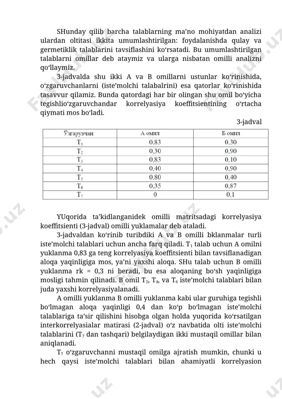 lishini hisobga olgan holda yuqorida ko‘rsatilgan interkorrelyasialar matirasi (2-jadval) o‘z navbatida olti iste’molchi talablarini (t7 dan tashqari) belgilaydigan ikki mustaqil omillar bilan aniqlanadi. t7 o‘zgaruvchanni mustaqil omilga ajratish mumkin, chunki u hech qaysi iste’molchi talablari bilan ahamiyatli korrelyasion yuklamaga ega emas (0,4 dan ko‘p). biroq bizning fikrimizcha, bunday qilish kerak emas, chunki “eshik zanglamasligi kerak” omilli eshik tuzilishi bo‘yicha iste’molchi talablariga bevosita taluqli emas. shunday qilib avtomobil eshiklari tuzilishini loyihalash uchun texnik vazifani tasdiqlashda aynan olingan omillar nomi ular bo‘yicha muxandislik tavsiflari ko‘rinishidagi konstruktiv echim topilishi zarur bo‘lgan iste’molchi talablari sifatida yozib qo‘yiladi. 7.3. omillarning (faktorlarning) dispersion analizi o‘zgartkichlar orasidagi korrelyasiya koeffitsientining prinsipial muhim sohalaridan birini ko‘rsatib o‘tamiz: kvadratga ko‘tarilganda u ishora dispersiyasi sochilishining qaysi qismi ikki o‘zgaruvchan uchun umumiy bo‘lishini ko‘rsatadi. yoki soddaroq qilib aytganda, bu o‘zgaruvchanlar qancha kuchli to‘siladi. masalan 0,8 korrelyasiyaga ega ikki t1 va t3 o‘zgaruvchan 0,64 (0,8 kvadratda) daraja bilan to‘silsa, u yoki boshqa o‘zgaruvchan …