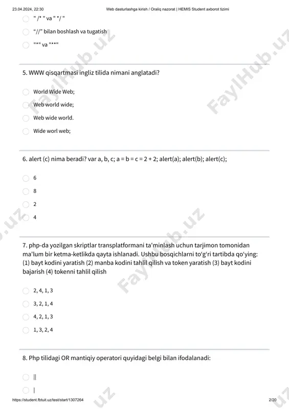 vishda birlashtirish uchun qanday atribut ishlatiladi? rowspan colspan union unity 12. php da barcha oʻzgaruvchilar qaysi belgi bilan boshlanadi? * ! $ 23.04.2024, 22:30 web dasturlashga kirish / oraliq nazorat | hemis student axborot tizimi https://student.fbtuit.uz/test/start/1307264 3/20 13. include bilan birga kiritilgan fayllar ".inc" kengaytmasiga ega boʻlishi kerak. yoʻq har doim ha ba'zan 14. soya quti ichida koʻrsatilishi uchun box-shadow xususiyatiga qanday qiymat koʻrsatilishi kerak ? inset inter outer -1px -1px 15. php tili uchun bajarilish turini belgilang: ob'ektga yoʻnaltirilgan tarjimon oddiy tarjimon oddiy kompilyator kompilyator tipidagi tarjimon 16. css imkoniyatlari? kontentning vizual taqdimotini boshqarish turli muhitlar, qurilmalar uchun ma'lumotlar taqdimotini boshqarish va kontentning vizual taqdimotini boshqarish kontent tarkibini oʻzgartirish veb-sahifaning html kodini oʻzgartirish 23.04.2024, 22:30 web dasturlashga kirish / oraliq nazorat | hemis student axborot tizimi https://student.fbtuit.uz/test/start/1307264 4/20 17. php dasturlash tili uchun teglardan foydalanishning tavsiya etilgan usuli qanday? ? rob hikoyaga bordi dovud doʻkonga bordi dovud savdo markaziga …