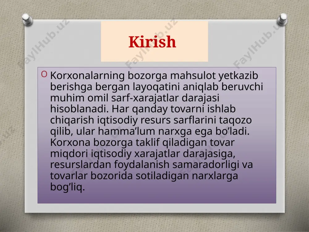 imlarining ixtisoslashuvi kapitaldan samarali foydalanish qo’shimcha turdagi mahsulotlarning ishlab chiqarilishi korxonalarda tovar va xizmatlarni sotishdan olingan mablag’lar hamda ularning pul tushumlari yoki pul daromadlari deyiladi. korxona pul daromadlaridan sarflangan barcha xarajatlar chiqarib tashlangandan keyin qolgan qismi foyda yoki iqtisodiy foyda deb yuritiladi foydaning tarkib topishi ikki bosqichdan o’tadi. birinchi bosqich ikkinchi bosqich ishlab chiqarish jarayonida yaratilgan foyda tovarlarni sotgandan so’ng olingan pul daromadi bilan xarajatlarning farqi ko’rinishda to’liq namoyon bo’ladi. foyda ishlab chiqarish jarayonida yalpi qiymatning yaratilish chog’ida vujudga keladi. yangidan yaratilgan qiymat tarkibidagi qo’shimcha qiymat foydaning asosiy manbai hisoblanadi, biroq u hali aniq foyda shaklida namoyon bo’lmaydi. tovar va xizmatlar sotilganda ularning umumiy qiymati pul daromadlariga, undagi qo’shimcha qiymati esa foydaga aylanadi. bundan ko’rinib turibdiki, foydaning haqiqiy manbai qo’shimcha mahsulot yoki qo’shimcha qiymatdir. fich = hy –t ishlab chiqaruvchi foydasi (fich) – bu maxsulot tannarxi (t) va ulgurji narxi (hy) o’rtasidagi farqdan iborat. mahsulot birligidan olinadigan foyda ikkita asosiy …