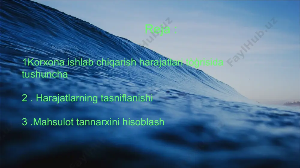 komillashtirish uchun qo'shimcha mablag' beradi, mahsulotlar chakana narxini pasaytirib bu bilan aholining turmush darajasini yuksaltirishga imkon yaratadi. • hisobchi ijro etuvchi jamoaga tegishli. ushbu lavozimga o'rta maxsus, oliy ma'lumotga ega, ixtisoslashtirilgan kompyuter dasturlariga ega bo'lgan odamlar mos keladi. mutaxassisga tayinlangan funktsiyalarning standart to'plami mavjud. • asosiy vositalarni, moddiy boyliklarni, xarajatlarni, tovarlarni sotishni hisobga olish ishlarini tashkil qiladi. u iqtisodiy faoliyat natijalarini, etkazib beruvchilarga, mijozlarga hisob-kitob qilishni, ulardan mablag 'olishni nazorat qiladi. resurslarni oqilona taqsimlash bo'yicha harakatlarni ishlab chiqadi va amalga oshiradi. moliyaviy intizomni nazorat qiladi. mahsulot tannarxi xarajat elementlari bo'yicha klassifikasiyalanadi. xarajatlarning iqtisodiy elementlari quyidagilardan iborat: xom ashyo va asosiy materiallar (chiqindilar kirmaydi); yordamchi va boshqa materiallar; yoqilgi; energiya asosiy va qo'shimcha ish haqi ijtimoiy sug'urta ajratmalari; asosiy fondlar amortizasiyasi; boshqa pul xarajatlari. 9 mehnat unumdorligini oshirish, xomashyo va material, yoqilg'i va elektroenergetika xarajatlarini kamaytirish, xizmat ko'rsatish va boshqarish sarflarini qisqartirish, ishlab chiqarishdan tashqari, xarajatlarni tejash sanoat mahsuloti tannarxini pasaytirishning …