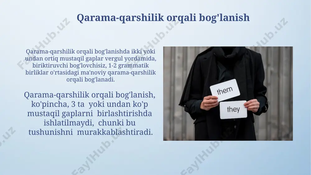 atadi. asossiz murakkab gaplarda undov belgisining qo'llanishi, sodda gaplarning semantik munosabatlariga (masalan, ziddiyat, ketma-ketlik, sabab-oqibat) qarab, 3 ta asosiy turga bo'linadi. xulosa bog‘lovchisiz qo‘shma gaplarda ma’no munosabatlarini 2-3 ta so‘z yordamida ifodalash mumkin, jumladan, vaqt, sabab-oqibat yoki ziddiyat munosabatlarini ko‘rsatadigan fe’l yoki ravish shakllari. ba’zi hollarda, bog‘lovchisiz qo‘shma gaplarda 10 tadan ortiq sodda gaplar bir-biriga mantiqiy bog‘langan holda ishlatilishi mumkin, ammo bunday hollarda matnning tushunarliligi va o‘qilishiga e’tibor qaratish kerak. asossiz murakkab gaplarda turg'un bog'lovchisiz bog'lanish asossiz murakkab gaplarning tuzilishida 2 dan 5 tagacha sodda gaplar ishtirok etishi mumkin bo'lib, ularning har biri mustaqil mazmun kasb etadi va bir-biriga semantik jihatdan bog'liq bo'ladi. bog'lovchisiz bog'langan murakkab gaplarning 1 ta xususiyati, sodda gaplar orasidagi mantiqiy munosabatni aniqlash uchun gaplarning o'zaro joylashuvini va intonatsiyasini hisobga olish zarurligidir. asossiz murakkab gaplarning ta'rifi asossiz murakkab gaplarning asosiy xususiyati – ularning tarkibidagi sodda gaplar orasida hech qanday bog'lovchi (ittifok, bog'lovchi so'zlar) ishtirok etmasligi, ularning o'zaro …
