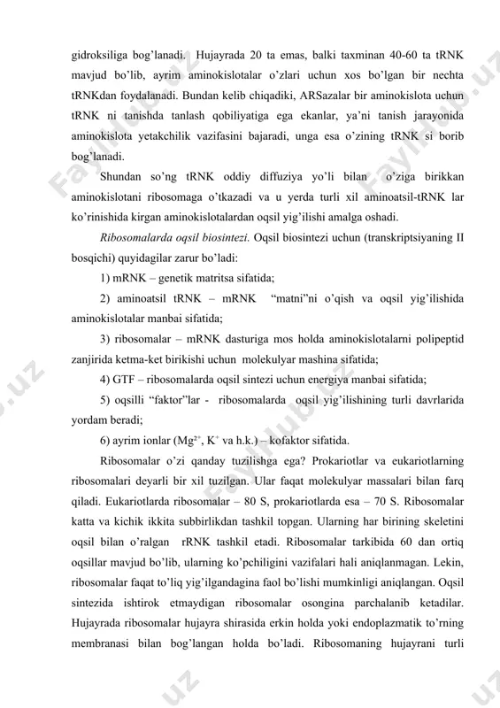 anib ketadilar. hujayrada ribosomalar hujayra shirasida erkin holda yoki endoplazmatik to’rning membranasi bilan bog’langan holda bo’ladi. ribosomaning hujayrani turli qismlarida joylashishi yoki ularning turli joylarida endoplazmatik retikulum membranasi bilan bog’langan bo’lishi sintezlanadigan oqsilni hujayraning kerakli qismi uchun yig’ish imkonini beradi. 2. ribosomalarda oqsil sintezining mexanizmi. ribosomalardagi oqsil sintezi yoki translyatsiya uch bosqichga bo’linadi: initsiatsiya (boshlanish), elongatsiya (polipeptid zanjirining uzayishi) va terminatsiya (tugashi). initsiatsiya. initsiatsiya juda murakkab va juda muhim bosqichni boshlab beruvchi reaktsiya. bu bosqichda oqsil sintezi uchun lozim bo’lgan apparat ayrim komponentlardan yig’ilib ish boshlashga tayyorlanadi. translyatsiyaning boshlanishi sekinlik bilan boradigan jarayon. translyatsiya jarayonining markazi ribosomalardir. buning uchun u mrnk bilan bog’lanishi kerak. ribosoma ishlamagan holatida subbirliklarga ajralgan bo’ladi. yadrodan sitoplazmaga o’tgan mrnk kichik subbirlikning katta subbirlikka birikadigan yuzasi bilan bog’lanadi. subbirlikka birikadigan nuqta rnk ning 5¹-uchi bilan yonma-yon joylashgan, shuning uchun rnk dasturini “o’qish” 5¹→3¹ yoki nh2→cooh yo’nalishida boradi. subbirliklar chegarasida mrnk ning faqatgina ikkita kodoni joylasha oladi. …