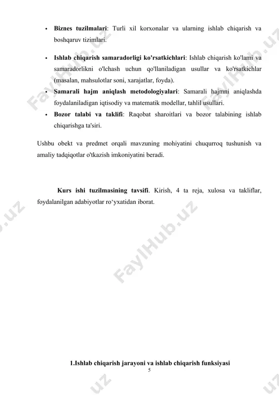 iladi. mavzuning oxirida so‘nggi qo‘shilgan mahsulot va uning kamayib borishi, keyingi qo‘shilgan mehnat va kapital unumdorligining pasayib borishi qonunining mazmuniga aloqador marjinalistik g‘oyalar hamda o‘zbekiston respublikasini yanada rivojlantirish bo‘yicha harakatlar strategiyasida ishlab chiqarishni jadal rivojlantirishga alohida e’tibor berilishi va uning sabablari bilan tanishtiriladi. ishlab chiqarish jarayonida haqiqatda qo‘llaniluvchi barcha resurslar ishlab chiqarish omillari deyiladi. iqtisodiyotning tizimi va shaklidan qat’iy nazar uchta omil: ishchi kuchi, mehnat qurollari va mehnat predmetlari bo‘lishi shart. ishchi kuchi deb insonning mehnat qilishga bo‘lgan aqliy va jismoniy qobiliyatlarining yig‘indisiga aytiladi. ishchi kuchi mehnat qobiliyatiga ega bo‘lgan kishilar uchun xosdir. lekin ishchi kuchi insonning o‘zi emas yoki uning mehnati ham emas, uning qobiliyatidan iboratdir. mehnat qurollari deb, inson uning yordamida tabiatga, mehnat predmetlariga ta’sir qiladigan vositalarga aytiladi (mashinalar, stanoklar, traktorlar, qurilmalar, uskunalar va boshqalar). mehnat predmetlari esa bevosita mehnat ta’sir qiladigan, ya’ni mahsulot tayyorlanadigan narsalardir (yer, suv, xom ashyo va boshqa turli materiallar). mehnat predmetlari tabiatda tayyor …