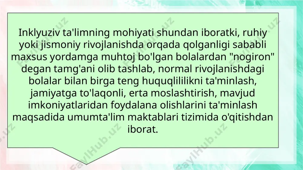 n chet el davlatlarning inklyuziv ta'lim tajribalari o'rganib chiqildi va ularga asoslangan holda yangi tahrirdagi "ta'lim to'risida"gi qonunning 20-moddasi, "inklyuzi ta'lim" deb nomlanib, "inklyuziv ta'lim alohida ta'lim ehtiyojlari va individual imkoniyatlarning xilma-xilligini hisobga olgan holda barcha ta'lim oluvchilar uchun ta'lim tashkilotlarida ta'lim olishga bo'lgan teng imkoniyatlarni ta'minlashga qaratilgan"ligi qonuniy asos bilan mustahkamlandi. 3 please enter text here.please enter text here.please enter text here.please enter text here business please enter text here.please enter text here.please enter text here.please enter text here business please enter text here.please enter text here.please enter text here.please enter text here business mazkur ishlarning natijasi sifatida inklyuziv ta'limning barcha jihatlari, joriy etish yo'llari, maqsad va vazifalari, bu sohadagi islohatlar "umimiy o'rta ta'lim tashkilotlarida inklyuziv ta'limni tashkil etish tartibi to'grisida"gi nizom, 2020 — 2025-yillarda xalq ta'limi tizimida inklyuziv ta'limni rivojlantirish konsepsiyasi, 2020 — 2025-yillarda xalq ta'limi tizimida inklyuziv ta'limni rivojlantirish konsepsiyasini 2020-2021-yillarda amalga oshirish bo'yicha "yo'l xaritasi"da belgilab …