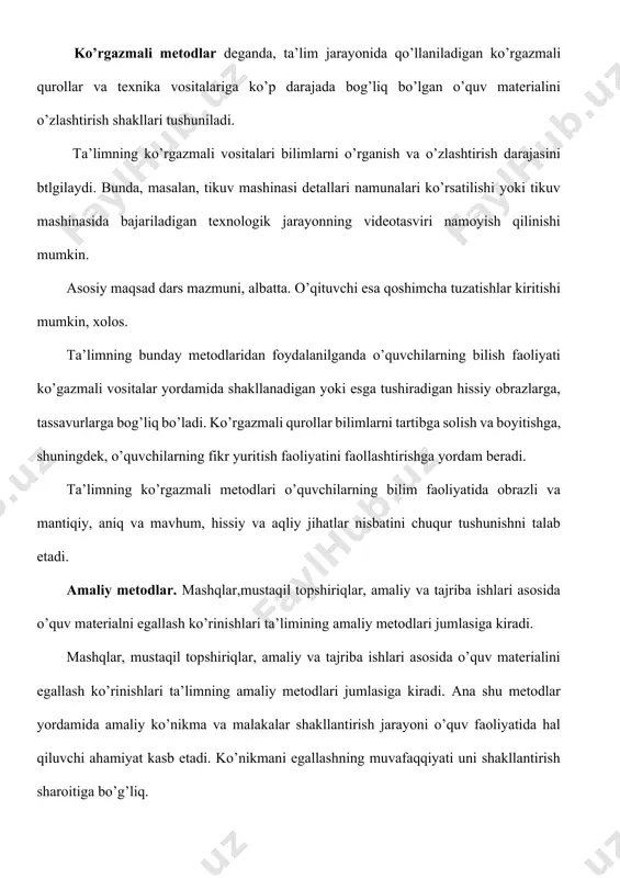 riga aulanib qo’ladilar. odatda, an’anaviu dars berishni - passiv dars berish metodi sifatida qaraladi. lekin darsda o’quvchilarning faol yoki passivligi darsni qandau o’tishga va uni rejalashtirishga bogliq. an’anaviu darsning samaradorligini oshirish va darsda o’quvchilarning faolligini oshirish uchun yangi materialni mauda-mauda bo’laklarga bo’lib o’tish tavsiya etiladi. shuningdek, o’quvchilarning bu materialni qandau o’zlashtirib borayotganliklarini nazorat qilib borish va bu maqsadda maqsadida turli xil mashq va topshiriqlarni bajartirish maqsadga muvofiq bo’ladi. buning uchun dars jarayoni o’qilona tashkil qilinishi, o’qituvchi tomonidan o’quvchilarning qiziqishini orttirib, ularning ta’lim jarayonida faolligi muttasil ragbatlantirilib turilishi, o’quv materialini kichik-kichik bo’laklarga bo’lib, ularning mazmunini ochishda bahs, munozara, aqliu hujum, kichik guruhlarda ishlash, tadqiqot, rolli o’uinlar metodlarini qo’llash, rang-barang qiziqtiruvchi misollarning keltirilishi, o’quvchilarni amaliu mashqlarni mustaqil bajarishga undash, rang-barang baholash metodlaridan foudalanish, ta’lim vositalaridan jouida va vaqtida foudalanish talab etiladi