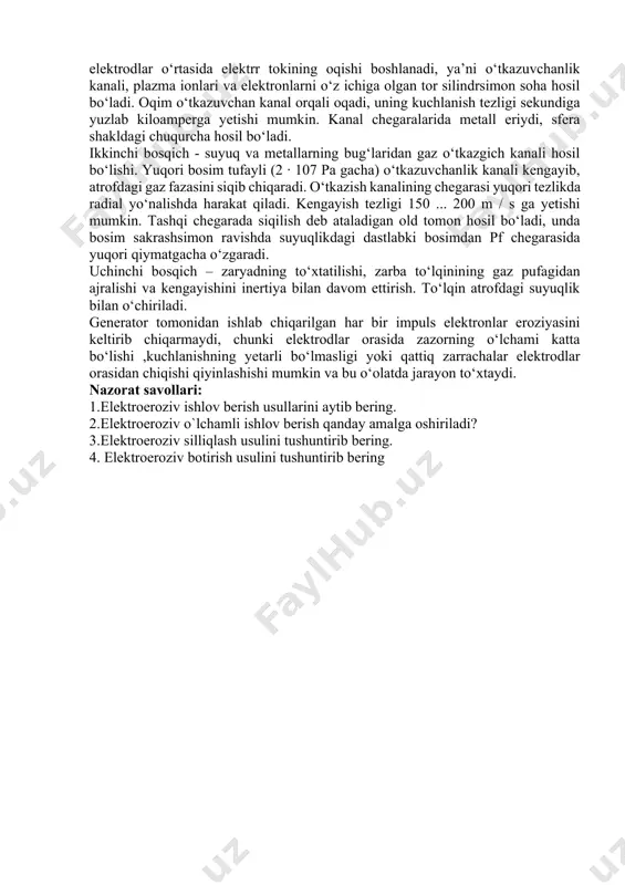 ilik ionlar, manfiy zaryadlangan elektrodga yetib borishga va materialni uning yuzasidan olib tashlashga ulgurmaydi. metallni olib tashlash asosan tayyorlanma sifatida tanlangan anoddan sodir bo‘ladi. asbobning yuzasiga yetib boradigan ionlarning soni va faolligi uning yeyilish intensivligini aniqlaydi. shubhasiz, asbobning yeyilishi qanchalik kamroq bo‘lsa, shunchalik aniq detal olish mumkin. buning uchun davomiyligi qisqa impulslar hosil qilib,ionlarning katodga yetib borishga ulgurmasligiga harakat qilishadi. tayyorlanma anod bo‘lgan qutbiylik to‘g‘ri qutbiylik deyiladi. agar tok impulslarning davomiyligi oshsa, katoddan (asbobdan) metallni ion oqimi bilan olib tashlash intensivligi oshadi. bunda oqim vaqtini shunday tanlash kerakki, bunda elektronlarning tayyorlanma yuzasidan metallni olib tashlash qismi elektrodlardan chiqarilgan umumiy materialning sezilmas qismini tashkil etsin. shuning uchun, katod sifatida tayyorlanma tanlanadi. asbob anod bo‘lgan qutbiylik teskari qutbiylik deyiladi. elektroimpuls rejimida – teskari qutbiylik. qutbiylik nafaqat impulsning davomiyligiga, balki elektrod sifatida ishlatiladigan materiallarga ham bog‘liq. asbobning yeylanishini(elektron oqimining ta’siridan) kamaytirish uchun u uchqun razryadlaridan sekin yemiriladigan materiallardan: grafit, mis-grafit kompozitsiyalaridan tayyorlanadi. yeyilishning …