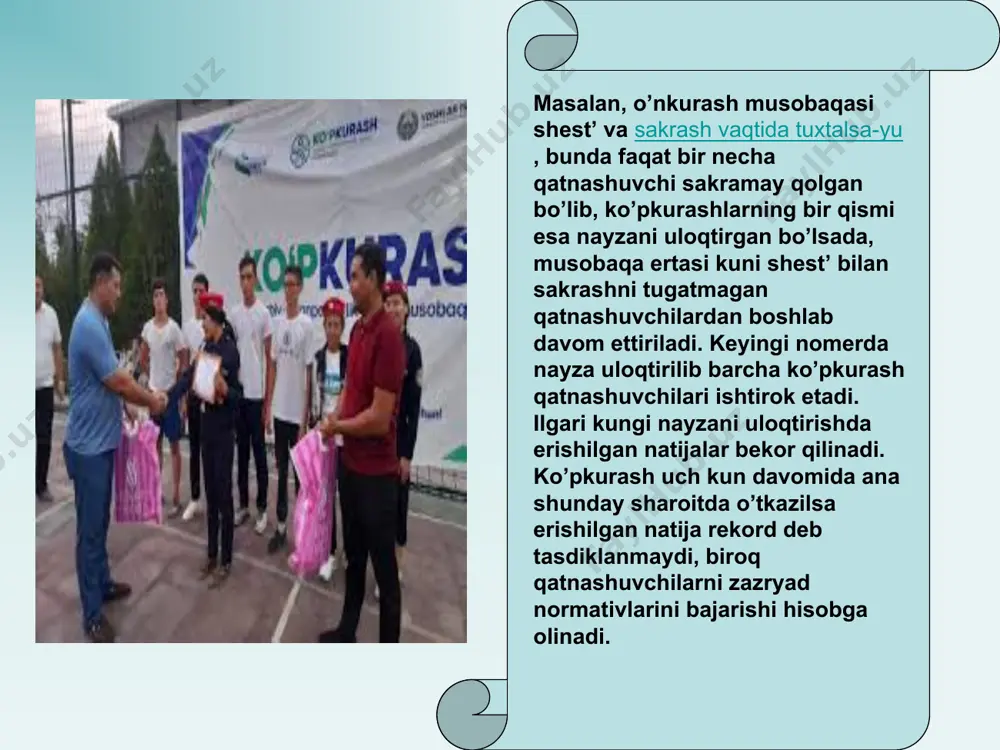 tiradi. o`qituvchi bilan o`quvchining xarakat ko`nikmasini shakllantirish maqsadidagi bevosita aloqasi ana shundan boshlanadi. 4. o`qituvchi bilan o`quvchining bundan keyingi ishlari o`rganilayotgan mashq texnikasi asoslari haqida o`rgatishning: ko`rsatib berish, tushuntirish, modellarda xarakat konstruktsiyasini ko`rsatish va boshqa shu kabi tegishli usullar yordamida tasavvur shosil qilishga qaratilgan bo`ladi. o`qituvchi bilan o`quvchining shu tariqa tayyorgarlik kurishi xarakat topshiriqlarining bundan keyin amalda bajarilishi uchun zamin shozirlaydi. 5. shundan keyin o`qituvchi o`quvchiga mashqni, jumladan, qo`yidagicha bajarishni taklif qiladi: xarakatni yoki aloshida sholatni taqlid qilib ko`rsatish; mashqning xarakatning ayrim fazalarini ajratib ko`rsatish uchun ko`maklashib turib past sur`at bilan bajarish; xarakatni maksimal oson sharoitda, masalan, trenajyorda takrorlash. 6. o`quvchining mashq bajarish jarayonida o`qituvchi: xarakatlar bajarilishini kuzatib turishi, turli usul va priyomlardan foydalanib, yordamlashib turishi, topshiriqning bajarilishi natijalarini tashlil qilib borishi va zarurat bo`lganda o`quvchi xarakatlarini ijro etish davomida tuzata borishi kerak. bu davrdagi asosiy vazifa xarakat ijro etayotganda yuz beradigan xatolarni vaqtida tuzatishdan iborat. xatolarning yuz berishiga qo`yidagilar …