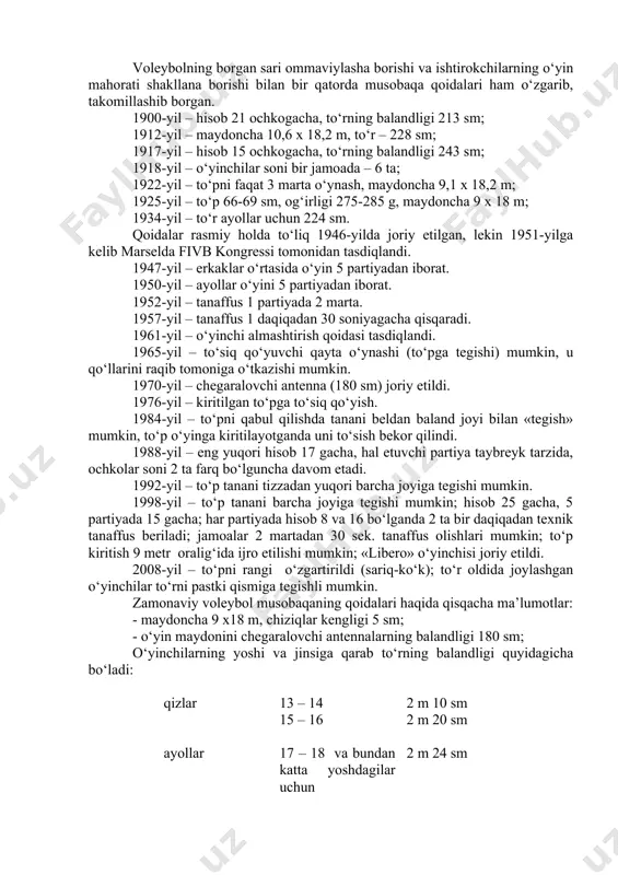 o‘zgartirish kiritish mumkinligi to‘g‘risida qaror qabul qilindi. 1961 yilda o‘yin vaqtidagi almashtirishlar soni 6 taga etkazildi va bir vaqtning almashtirish uchun vaqt berish bekor qilindi. 1965 yildan kuchga kirgan o‘zgartirishlar voleybolning qiziqarliligini yanada oshirishga yo‘naltirildi. to‘siq paytida qo‘llarni raqib tomonga o‘tkazishga ruxsat berilishi to‘sib qo‘yuvchi o‘yinchilarga to‘pga yana bir bor tegish imkonini berdi. hujumning himoya ustidan ustunligi kamayib, to‘siq qo‘yishdagi xatoni qayt etishda hakamning sub’ektiv baho berishi barham topdi. qoidalar takomillashishi bilan bir qatorda o‘yin texnikasi va taktikasi ham rivojlanib bordi. to‘r chetlaridan pastdan uzatilgan to‘pga to‘siq ustidan zarba berish usullari paydo bo‘ldi. hujumda birinchi va ikkinchi to‘p kiritish o‘yin tizimlari rivojland. ular o‘z navbatida "krest", "eshelon" tashlab berishdan so‘ng zarba berish kabi qiziqarli kombinatsiya paydo bo‘lishiga sabab bo‘ldilar. asta sekin dunyoning ko‘pgina etakchi jamoalarida oddiy va unumli o‘yin texnikasini qo‘llashga mayl sezila boshladi. bo‘nga to‘pni o‘yinga kiritishlarining xavfliligi (ayniqsa, yaponiya jamoalarining xalqaro maydonlarda paydo bo‘lishi bilan) va hujumning himoyadan …