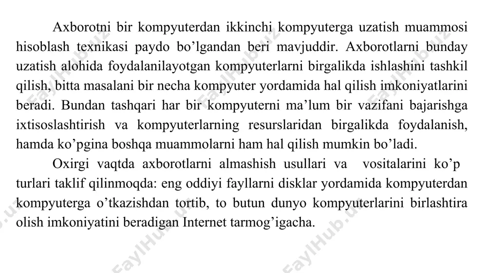 ezlikda uzatish va yuqori tezlikda о’tkazish imkoniyati mavjud bо’lishi; uzatish davrida xatolikning darajasi kamligi (yuqori sifatli aloqa kanallar). axborotlarni uzatishda mumkin bо’lgan xatolik ehtimoli –darajada bо’lishi; axborot uzatishning unumli va tez amalga oshiruvchi mexanizmi bо’lishi; tarmoqqa ulangan kompyuterlar soni chegaralangan va aniq bо’lishi kerak. berilgan tarifdan kelib chiqadiki; global tarmoq mahalliy tarmoqdan quyidagilar bilan farq qiladi: cheklanmagan abonentga mо’ljallangan va sifatli bо’lmagan kanallardan ham foydalaniladi; axborot uzatish tezligi nisbatan kam, axborot almashish mexanizmi ham nisbatan tezlik bо’yicha kafolatlanmagandir. global tarmoqlarda eng muhimi aloqa sifati emas, balki aloqaning mavjudligidir. kо’pincha kompyuter tarmoqlarining yana bir turi - shaxar tarmog’i (man, metropolitan area network) mavjudligini qayd qilishadi, odatda ular global tarmoqlarga yaqin bо’lib, ba’zida mahalliy tarmoqlarning ba’zi xususiyatlarigaham ega bо’ladilar. masalan, yuqori sifatli aloqa kanallari va nisbatan yuqori tezlikdagi axborot almashinuvi bilan о’xshashdir. bu xususiyat shaxar tarmog’i ham mahalliy tarmoq (mxt afzalliklari bilan) bо’lishi mumkin ekanligini kо’rsatadi. server – tarmoq abonenti bо’lib, u …