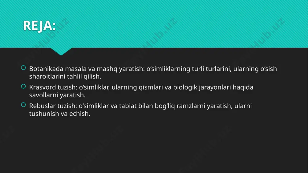 : o‘simliklar, ularning qismlari va biologik jarayonlari haqida savollarni yaratish. krasvord tuzishda o‘simliklar, ularning qismlari va biologik jarayonlari haqida savollarni yaratish orqali o‘quvchilarga o‘simliklarning tuzilishi va faoliyatini tushunishga yordam berish mumkin. quyidagi savollar va javoblar o‘simliklarning biologik jarayonlari va qismlarini o‘rganish uchun ishlatilishi mumkin. o‘simlikning ildizdan yuqoriga o‘tuvchi suv va mineral moddalarni olib boruvchi qismlari (javob: tus) krasvord tuzishda o‘simliklar, ularning qismlari va biologik jarayonlari haqida savollar yaratish orqali o‘quvchilarga o‘simliklarning tuzilishi, ularning organlari va funksiyalarini tushunishga yordam berish mumkin. o‘simliklar biologik jarayonlarida fotosintez, respirasya, o‘sish va rivojlanish kabi jarayonlar muhim o‘rin tutadi. fotosintez jarayonida o‘simliklar nur energiyasini o‘zlashtirib, karbonat angidrid va suvdan organik moddalar, ya’ni shakar va kislorod hosil qiladilar. bu jarayonning amalga oshishi uchun o‘simlikning yashil qismlari, ya’ni yaproqlar muhim rol o‘ynaydi. o‘simliklarning tuzilishi bir nechta qismlardan iborat: ildiz, poyasi, yaproqlari, gullari va urug‘lari. ildiz o‘simlikni tuproqda ushlab turish va undan suv hamda minerallarni olish vazifasini bajaradi. poyasi …
