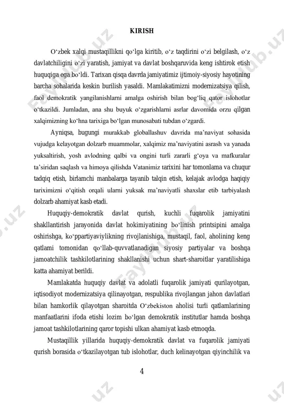 iyalash dolzarb ahamiyat kasb etadi. huquqiy-demokratik davlat qurish, kuchli fuqarolik jamiyatini shakllantirish jarayonida davlat hokimiyatining bo‘linish printsipini amalga oshirishga, ko‘ppartiyaviylikning rivojlanishiga, mustaqil, faol, aholining keng qatlami tomonidan qo‘llab-quvvatlanadigan siyosiy partiyalar va boshqa jamoatchilik tashkilotlarining shakllanishi uchun shart-sharoitlar yaratilishiga katta ahamiyat berildi. mamlakatda huquqiy davlat va adolatli fuqarolik jamiyati qurilayotgan, iqtisodiyot modernizatsiya qilinayotgan, respublika rivojlangan jahon davlatlari bilan hamkorlik qilayotgan sharoitda o‘zbekiston aholisi turli qatlamlarining manfaatlarini ifoda etishi lozim bo‘lgan demokratik institutlar hamda boshqa jamoat tashkilotlarining qaror topishi ulkan ahamiyat kasb etmoqda. mustaqillik yillarida huquqiy-demokratik davlat va fuqarolik jamiyati qurish borasida o‘tkazilayotgan tub islohotlar, duch kelinayotgan qiyinchilik va 5 muammolarga qaramasdan, o‘zining dastlabki natijalarini bera boshladi. ushbu o‘zgarishlarning tarixiy ahamiyatini anglab etish, tushunish va ularga baho berish o‘zbekiston tarixi fanining dolzarb masalalaridan biri hisoblanadi. shu bois, tarixan qisqa, mohiyatan esa asrlarga teng bu yillarda o‘zbekiston respublikasida yuz bergan o‘zgarishlar, qo‘lga kiritilgan yutuqlarni tahlil qilish hamda mavjud muammolarni aniqlab, ularning amaliy yechimlari …