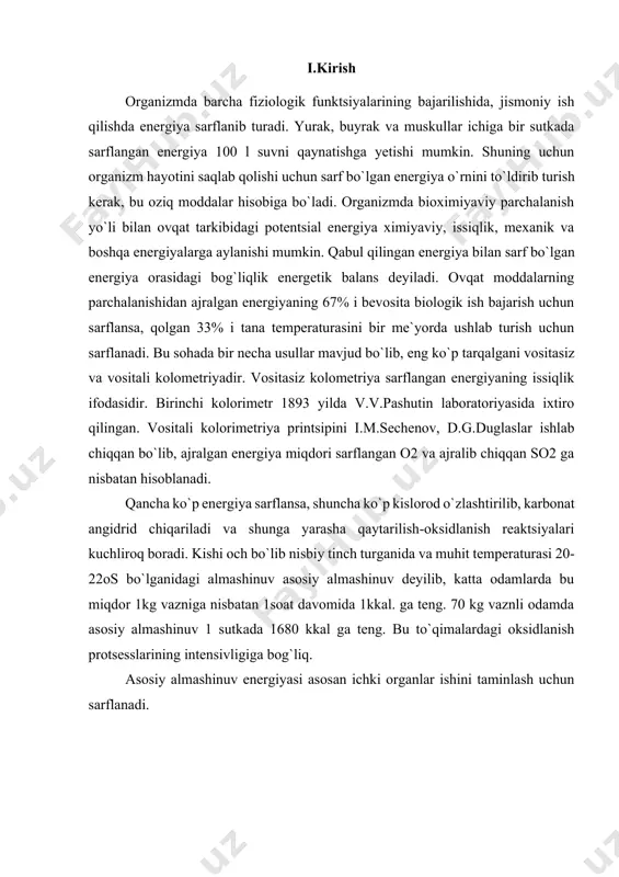 ki organlar ishini taminlash uchun sarflanadi. odam anatomiyasi - odam organizmi, organlarning tuzilishi, shakli va joylashish o'rnini o'rganadi. "anatomiya" so'zi yunoncha "anatoma"– kesaman,yorib ko'raman degan ma'nolarni anglatadi. kesish va yorish odam organizmining tuzilishini o’rganadigan usullaridan hisoblanadi. hozirgi anatomiya organlar tuzilishini murdani yorib tekshirishdan tashqari odam tirikligida ham rentgenogrfiya, rentgenoskopiya, ultra tovush (uzi) kabi usullari bilan ham o’rganadi. organizim va organlarning hayotiy funksiyalari (vazifalar) ni o'rganadigan fan fiziologiya deb ataladi. "fiziologiya" yunoncha (fizis)- "physis"- tabiat va "logos"- logos fan demakdir. fiziologiya anatomiya, gistologiya ,embriologiya, biologiya, ximiya va biologiya, fizika singari fanlar bilan chambarchas bog’liqdir va hujayralararo moddadan o'zini membranasi orqali ajralib turadi. sitoplazmada muayyan vazifani bajaradigan organoidlar bo'ladi. bularga mitoxondriylar, ribosomalar hujayra markazi va boshqalar kiradi. hujayra tarkibida oqsillar,yog'lar, uglevodlar, nuklein kislotaalar suv va anorganik tuzlar bo'ladi. hujayralarda asosan ikki xil nuklein kislota: yadroda dezoksiribonuklein kislola (dnk), yadro va sitoplazmada ribonuklein kislota (rnk) uchraydi. hujayraning yadrosi shar yoki oval shaklida bo'lib, …