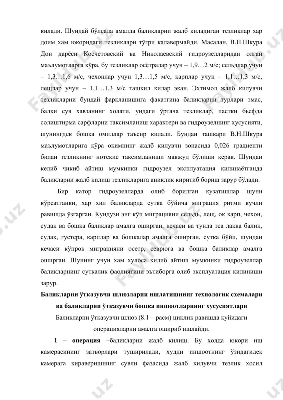 бу холда юкори иш камерасининг затворлари туширилади, худди иншоотнинг ўзидагидек камерага кираверишнинг сувли фазасида жалб килувчи тезлик хосил киладиган шартдан келиб чикиб унинг клинкетлари очиб кўйилади. пастки затвор эса жалб киладиган тезликни хосил киладиган сарфни ўтказиш имкониятига эга бўлади. ихтиологик майдонча туширилиб, мажбур килувчи (побудительное) курилма кўтарилган тўрли тасмаси билан баликларни йиггичнинг бош кисмада бўлади. 8.1 – расм баликларни ўтказувчи шлюз: 1 – юкори нов; 2 – (шлюзловчи) иш камераси; 3 – затворлар; 4 - мажбур киладиган курилма; 5 – баликларни йигувчи; 6 – ихтиологик майдонча. 2 – операция – баликларни тортиб олиш. жалб килиш даврининг охирида затвор клинкетлари бир оз ёпилади. бунда берилаётган сарф камаяди. баликлар жалб килувчи тезликлари бор зонаги ўтишга харакат килади, баликларни йиггичга киради ва у бўйича клинкетлар жойлашган жойга силжийди. шундай килиниб баликларни иш камерасига ториб олиш амалга оширилади. 3 – операция – баликларни иш камерасига ўтказиш. мажбур килувчи курилма тасмаси вертикал холатга (туширилади) келтирилади …