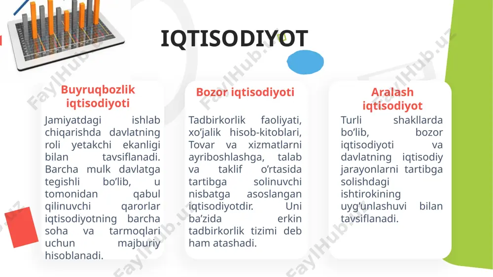 etishiga olib keladi. monopol bozor deb ozchilik xaridorlar va sotuvchilar : hukmron bo’lgan, monopol narx o’rnatilgan, raqobat cheklangan yoki raqobat umuman bo’lmaydigan bozorga aytiladi. monopol bozorning o’zi uch xil bo’ladi: monopol raqobatli bozor son jihatdan ko’p bo’lmagan, bozorga bir xil, o’xshash yoki o’rinbosar tovarlar chiqaradigai firmalar qo’lida bo’ladi, ular o’zaro raqobat qiladilar. bunga misol kilib o’zbekistondaga kiyim-kechak bozorni olish mumkin. bu erda asosan 8 ta firma mahsulot chiqaradi, lekin ular nafaqat o’zaro, balki tovari o’zbskistonga kirib kelgan xorij firmalari bilan ham bellashadilar. fusce condimentum urna ligula, in delar viverra neque eleifend vitae. donec sed . subtitle here bozorning turlari bozorga g’oyat xilma-xil tovar va xizmatlar chiqariladi, ular bozor ob’ektini, aniqrog’i u erdagi oldi-sotdi ob’ektini tashkil etadi. o’z ob’ekti jihatidan bozorni quyidagi turlarga bo’lish mumkin: 1. iste’mol tovarlari bozori, ya’ni iste’molchilar bozori kishilarning, tirikchiligi uchun zarur bo’lgan tovarlar va xizmatlar bozoridir. bu bozorda keng iste’mol buyumlari, madaniy, maishiy va kommunal xizmatlari …