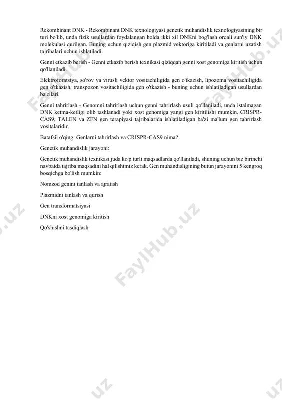 ardan foydalangan holda ikki xil dnkni bog'lash orqali sun'iy dnk molekulasi qurilgan. buning uchun qiziqish gen plazmid vektoriga kiritiladi va genlarni uzatish tajribalari uchun ishlatiladi. genni etkazib berish - genni etkazib berish texnikasi qiziqqan genni xost genomiga kiritish uchun qo'llaniladi. elektroforatsiya, so'rov va virusli vektor vositachiligida gen o'tkazish, lipozoma vositachiligida gen o'tkazish, transpozon vositachiligida gen o'tkazish - buning uchun ishlatiladigan usullardan ba'zilari. genni tahrirlash - genomni tahrirlash uchun genni tahrirlash usuli qo'llaniladi, unda istalmagan dnk ketma-ketligi olib tashlanadi yoki xost genomiga yangi gen kiritilishi mumkin. crispr-cas9, talen va zfn gen terapiyasi tajribalarida ishlatiladigan ba'zi ma'lum gen tahrirlash vositalaridir. batafsil o'qing: genlarni tahrirlash va crispr-cas9 nima? genetik muhandislik jarayoni: genetik muhandislik texnikasi juda ko'p turli maqsadlarda qo'llaniladi, shuning uchun biz birinchi navbatda tajriba maqsadini hal qilishimiz kerak. gen muhandisligining butun jarayonini 5 kengroq bosqichga bo'lish mumkin: nomzod genini tanlash va ajratish plazmidni tanlash va qurish gen transformatsiyasi dnkni xost genomiga kiritish …