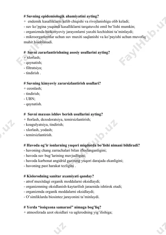 ir ionlarning yuqori miqdorda bo’lishi nimani bildiradi? - havoning chang zarrachalari bilan ifloslanganligini; - havoda suv bug’larining mavjudligini; - havoda karbonat angidrid gazining yuqori darajada ekanligini; - havoning past harakat tezligini . # kislorodning sanitar axamiyati qanday? - atrof muxitdagi organik moddalarni oksidlaydi; - organizmning oksidlanish-kaytarilish jaraenida ishtirok etadi; - organizmda organik moddalarni oksidlaydi; - o’simliklarda biosintez jarayonini ta’minlaydi. # yerda “issiqxona samarasi” nimaga bog’liq? + atmosferada azot oksidlari va uglerodning yig’ilishiga; - atmosfera havosida karbonat angidridning yig’ilishiga; - atmosfera havosida kislorod miqdorining kamayishiga; - quyosh aktivligi qiymatini oshishiga. # quyosh spektrining ko’rinuvchi qismining biologik o’rni - ... + ko’rish funktsiyasini ta’minlaydi, bioritm funktsiyalarini ta’minlash, ruxiy fiziologik ta’sir; - yuqori ish qobiliyatini ta’minlash; - xonalarning optimal mikroiqlimini ta’minlash; - xonalarning bakteriologik tozaligini ta’minlash.. # quyosh radiatsisini ultrabinafsha qismining biologik ahamiyati qanday? + issiqlik va eritema- qoraytiruvchi ta’sir; - eritema- qoraytiruvchi, antiraxit ta’sir, bakteritsid xossalari; - antiraxitik va issiqlik tasiri; - …