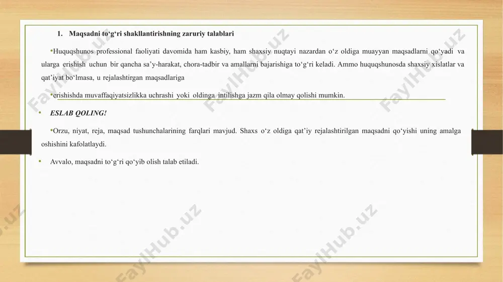 oblanadi. huquqshunoslik sohasida yetuk mutaxassis bo‘lish va “superman” bo‘lish orzusini bir o‘ylab ko‘ring, qay birini amalga oshirish imkoniyati yuqori bo‘lishi mumkin? ba’zida esa istaklar aslida sizniki bo‘lmaydi. masalan, otangiz siz bilan faxrlanishi uchun muvaffaqiyatli advokat bo‘lishingizni istaydi. lekin uni o‘zingiz chin dildan xohlamasangiz, biror narsaga erishish juda qiyin kechadi. yurist karyerasini rejalashtirishda “smart” texnologiyasining qo‘llanilishi ko‘pincha maqsadga erishish siz kutgan qoniqishni ta’minlamaydi. u amalga oshgach, siz orzu qilgan darajadagi xursandchilikni his etmaysiz. chunki biz baxt miqdori va davomiyligi bo‘yicha tasavvurlarni bo‘rttirishga moyilmiz. shu tufayli ham, o‘z maqsadingiz sari kurashga kirishishdan avval bu haqda chuqur o‘ylab olish shart. aks holda, bir necha yillarni va hatto hayotning yarmini besamar o‘tkazish hech gap emas. quyidagilarni esa maqsadlarga erishishning eng asosiy talablari sifatida sanab o‘tish mumkin. inson aslida nimani istashini aniq belgilab olishi lozim! ba’zan maqsadning avvaldan to‘g‘ri shakllantirilmagani tufayli ularga erishishning imkoni mavjud emasdek tuyuladi. buning uchun inson o‘zi nima istayotganini aniq bilishi, …