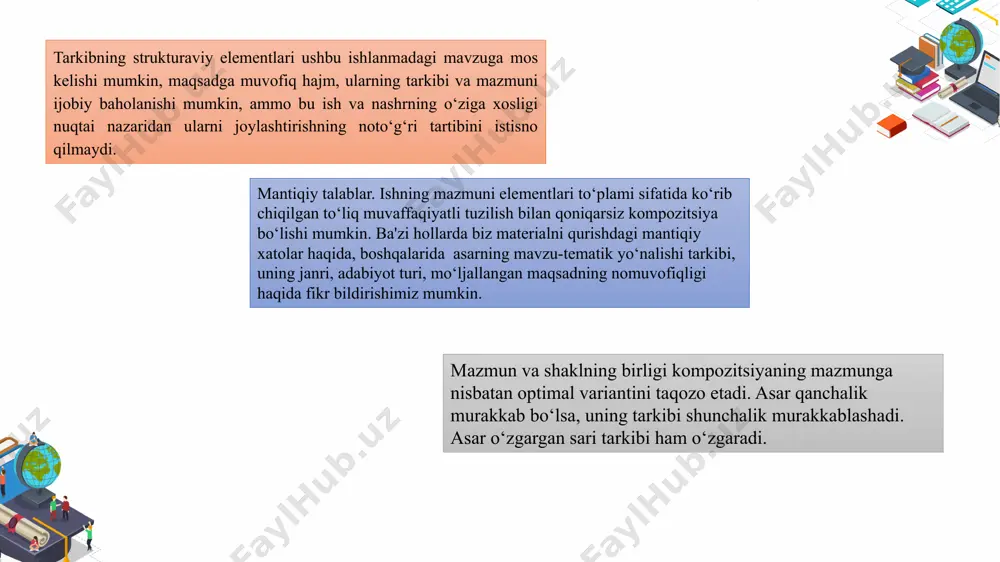 a kirishadi. teng (integrativ) munosabatlar va bo‘ysunish munosabatlari mavjud. kompozitsiyaning turli kamchiliklari asarning tematik qismlari orasidagi bogʻlanish xarakterining ularning haqiqiy munosabatlariga mos kelmasligi bilan bogʻliq. ishning qismlari orasidagi haqiqiy aloqalarni aniqlagandan so‘ng, ularni joylashtirish tartibini ko‘rib chiqish kerak. xulosa adabiy asar kompozitsiyasi ustida ishlashda ishchi mundarijadan foydalaniladi. u asarning tuzilishini, eng kichik sarlavhalar va semantik qismlargacha bo‘lgan strukturaviy elementlar o‘rtasidagi integratsiya va bo‘ysunuvchi aloqalarni aks ettiradi. ikkinchisi muharrirning ixtiyoriga ko‘ra ishchi mundarijaga joylashtiriladi. ishchi mundarijada ishning konstruktsiyasi sxematik ko‘rinishda keltirilgan, bu tahlil qilish uchun juda qulaydir, chunki bunday yozuv adabiy materialni tashkil etish va tuzish tamoyillarini, mavzuni rivojlantirish mantiqini osongina ochib beradi. ishchi mundarijani tuzish kompozitsiyani mantiqiy o‘rganishning yozma natijasidir. foydalanilgan adabiyotlar ro‘yxati: tohirov z. tahrir asoslari. –toshkent, 2012. мильчин и.э. издательский словарь-справочник. –м.: юрист, 1998. акопов а.и. общий курс издательского дела. – воронеж, 2004. токарева н.в. современное издательское дело. –воронеж, 2017. йўлдошев и. ўзбек китобат санъати ва терминологияси. – …