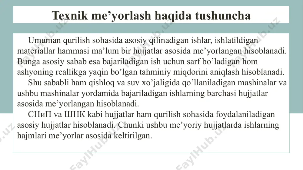 ti; n – partiyadagi bir xil buyumlar (detallar) soni. asosiy va yordamchi vaqt yig’indisi operatsiyani bajarishga sarflangan vaqt bo’lib, operativ vaqt deyiladi: , min тк= та+те+тк+tt.a тоn= та+те texnik me’yorlash haqida tushuncha analitik-hisoblash usuli qo'shimcha tadqiqotlarsiz allaqachon ishlab chiqilgan standartlar asosida hisob-kitoblarni amalga oshirishga imkon beradi, bu esa murakkablik va xarajatlarni kamaytiradi. ushbu usul ilg'or tajribalarni tarqatish va yangi mahsulotlarni ishlab chiqish vaqtini qisqartirishga yordam beradi. tadqiqot usulidan foydalangan holda har bir korxonada ushbu me'yorlarni o'rnatish o'rniga, avval mehnat xarajatlari uchun standartlarni tuzish, so'ngra vaqt me'yorlarini hisoblash tavsiya etiladi. tahliliy tadqiqot usuli ko'proq moliyaviy xarajatlarni talab qiladi va har bir kompaniyada tegishli sharoitlar mavjud emas. ammo, shunga qaramay, bu usul yuqori aniqlikdagi ishlarni talab qiladigan ommaviy ishlab chiqarishda samarali. ushbu usuldan foydalangan holda, vaqt normasining individual komponentlari uchun vaqt standartlari ishlab chiqiladi va tartibga solinadi. kuzatuvlar, tajribalar va hisob-kitoblar natijalari bo'yicha vaqt me'yorlarini ishlab chiqish ko'p vaqt talab etadi va …
