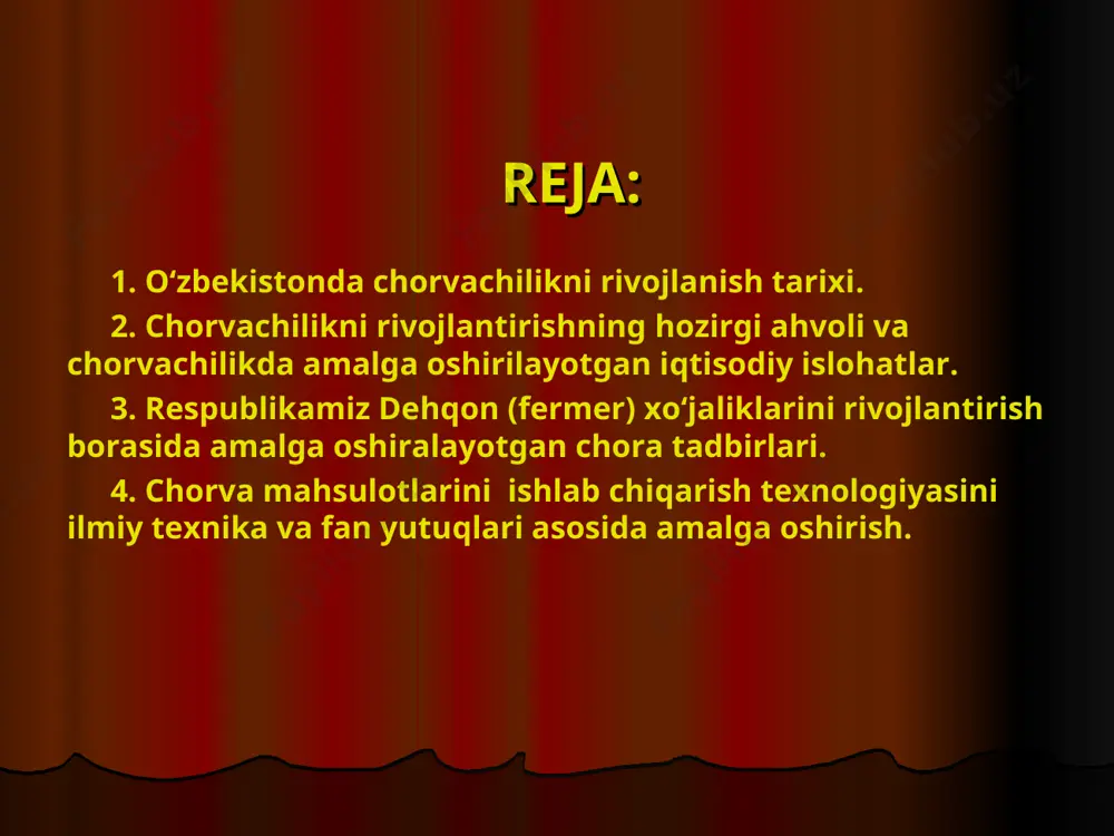 ori mahsulli naslli mollar urchitilib kelinmoqda. qora-ola - sut yo‘nalishida. sigirlarining o‘rtacha tirik vazni 480-500 kg gacha, ayrimlari 650-700 kg gacha yetadi. sut sog‘imi o‘rtacha 4200-440073 kg, yog‘dorligi 3.6 % ga teng. qizil-cho‘l-sut ynalishida. sigirlarining o‘rtacha tirik vazni 450-520 kggacha yetadi. sut sog‘imi o‘rtacha 38004000 kg, yog‘dorligi 3.7% ga teng. bushuev – sut yo‘nalishida. sigirlarining o‘rtacha tirik vazni 320-432 kg gacha yetadi. sut sog‘imi o‘rtacha 3200-3400kg, yog‘dorligi 4,0 % ga teng. * hozirgi kunda ya’ni 2023 yil 1 yanvar holatiga o‘zbekistonda jami qoramollar bosh soni 14 744,4 ming boshni tashkil etadi, shundan sigirlar 6852,3 ming boshni, qo‘y echkilar 24 770,3 ming boshni, otlar 275 283 boshni, parrandalar 96 944,5 ming boshni tashkil etadi. sut ishlab chiqarish (ming tonna hisobida)- barcha toifadagi xo‘jaliklarda- 11 274,2; shu jumladan aholida- 10639,6; qishloq xo‘jaligi korxonalarida- 124,4; fermer xo‘jaliklarida- 511,2. tuxum ishlab chiqarish (mln. dona hisobida)- barcha toifadagi xo‘jaliklarda- 7 788,4; shu jumladan aholida- 4875,9; …