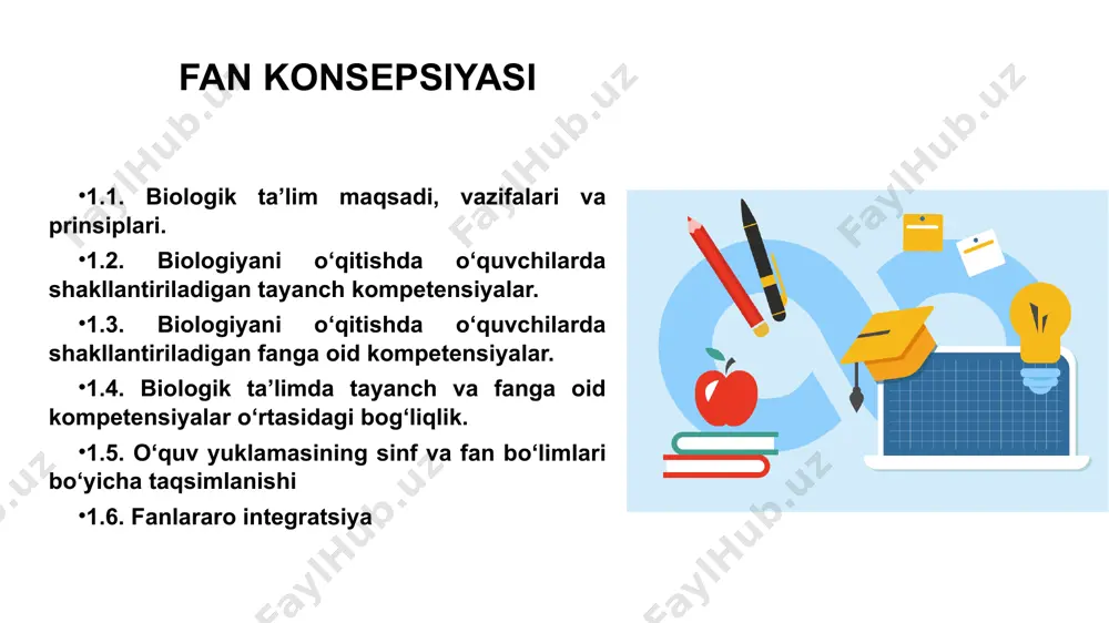 vazifalari va prinsiplari. 1.2. biologiyani o‘qitishda o‘quvchilarda shakllantiriladigan tayanch kompetensiyalar. 1.3. biologiyani o‘qitishda o‘quvchilarda shakllantiriladigan fanga oid kompetensiyalar. 1.4. biologik ta’limda tayanch va fanga oid kompetensiyalar o‘rtasidagi bog‘liqlik. 1.5. o‘quv yuklamasining sinf va fan bo‘limlari bo‘yicha taqsimlanishi 1.6. fanlararo integratsiya fanga oid kompetensiyalar tayanch kompetensiyalar tabiiy-ilmiy savodxonlik amaliy kompetensiya loyihalash va baholash kompetensiyasi kommunikativ kompetensiya o‘zaro muloqotga kirishish, kichik guruhlarda hamkorlikda ishlash o‘z fikrini og‘zaki va yozma tarzda nazariy, fundamental qonunlarga muvofiq aniq va rejaga binoan bayon qilish avval o‘zlashtirilgan bkm, tk, fk larni yangi vaziyatlarda qo‘llash orqali o‘quv muammolarni hal etish axborot bilan ishlash kompetensiyasi darslik, qo‘shimcha adabiyot, internet materiallari vositasida ishlay olish, asosiy g‘oya va tushunchalarni o‘zlashtirish matnga reja tuza olish; matndan foydalanib savollarga javob topish; matndan foydalanib taqdimot tayyorlash fundamental qonunlardan foydalanib biologik jarayonlarni modellashtirish jadval, diagramma, sxemalar vositasida asoslash o‘z-o‘zini rivojlantirish kompetensiyasi muntazam o‘z-o‘zini aqliy, ma’naviy, ruhiy, kreativ, jismoniy, rivojlantirishga yo‘llash mustaqil bilim olish, kognitivlik ko‘nikmalarini …