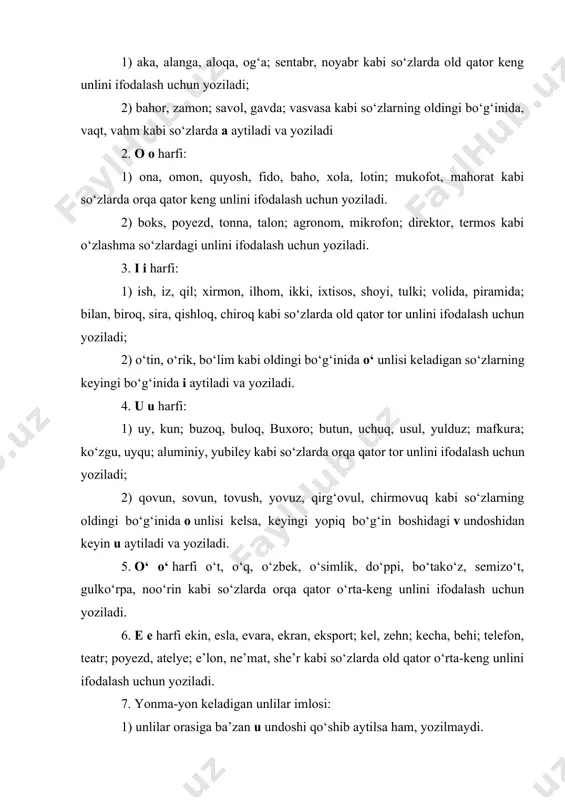 ; savol, gavda; vasvasa kabi so‘zlarning oldingi bo‘g‘inida, vaqt, vahm kabi so‘zlarda a aytiladi va yoziladi 2. o o harfi: 1) ona, omon, quyosh, fido, baho, xola, lotin; mukofot, mahorat kabi so‘zlarda orqa qator keng unlini ifodalash uchun yoziladi. 2) boks, poyezd, tonna, talon; agronom, mikrofon; direktor, termos kabi o‘zlashma so‘zlardagi unlini ifodalash uchun yoziladi. 3. i i harfi: 1) ish, iz, qil; xirmon, ilhom, ikki, ixtisos, shoyi, tulki; volida, piramida; bilan, biroq, sira, qishloq, chiroq kabi so‘zlarda old qator tor unlini ifodalash uchun yoziladi; 2) o‘tin, o‘rik, bo‘lim kabi oldingi bo‘g‘inida o‘ unlisi keladigan so‘zlarning keyingi bo‘g‘inida i aytiladi va yoziladi. 4. u u harfi: 1) uy, kun; buzoq, buloq, buxoro; butun, uchuq, usul, yulduz; mafkura; ko‘zgu, uyqu; aluminiy, yubiley kabi so‘zlarda orqa qator tor unlini ifodalash uchun yoziladi; 2) qovun, sovun, tovush, yovuz, qirg‘ovul, chirmovuq kabi so‘zlarning oldingi bo‘g‘inida o unlisi kelsa, keyingi yopiq bo‘g‘in boshidagi v undoshidan …