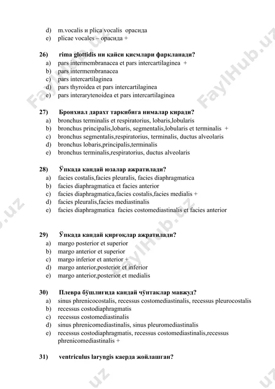 ygos,nn.phrenici e) v.hemiazygos,nn.vagi 37) орка кўкс оралигида қайси органлар жойлашган? a) v.hemiazygos,aorta ascendens b) v.cava inferior,v.azygos + c) v.cava superior,v.azygos d) v.cava inferior,aorta ascendens e) arcus aortae,aorta descendens 38) орка кукс оралигида қайси органлар жойлашган? a) nn.vagi,nn.phrenici b) truncus sympaticus,nn.phrenici c) nn.splanchnici,nn.phrenici d) nn.splanchnici,nn.vagi + e) nn.intercostales,nn.phrenici 39) қайси мушаклар сийдик таносил диафрагма таркибига киради? a) m.gluteus maximus b) m.levator ani c) m.coccygeus d) m.sphincter ani externus e) m.transversus perinei profundus + 40) буйрак таначаси нимадан иборат? a) glomerulus et capsula glomeruli + b) capsulla glomeruli et tubuli renalis c) glomerulis ипетлягенлековузлоги d) glomerulus et tubuli recti e) capsula glomeruli et ductus papillaris 41) corpusculum renis нимадан ташкил топган? a) glomerulus,tubulus renalis contortus b) glomerulus,capsula glomeruli + c) tubulus renalis contortus,lobulus corticalis d) ductus papillaris,tubuli renalis e) pars convoluta,tubuli renalis 42) чаноқ диафрагмаси таркибига қайси мускуллар киради? a) m.coccygeus + b) m.transversus perinei profudus c) m.levator ani + d) m.sphincter …