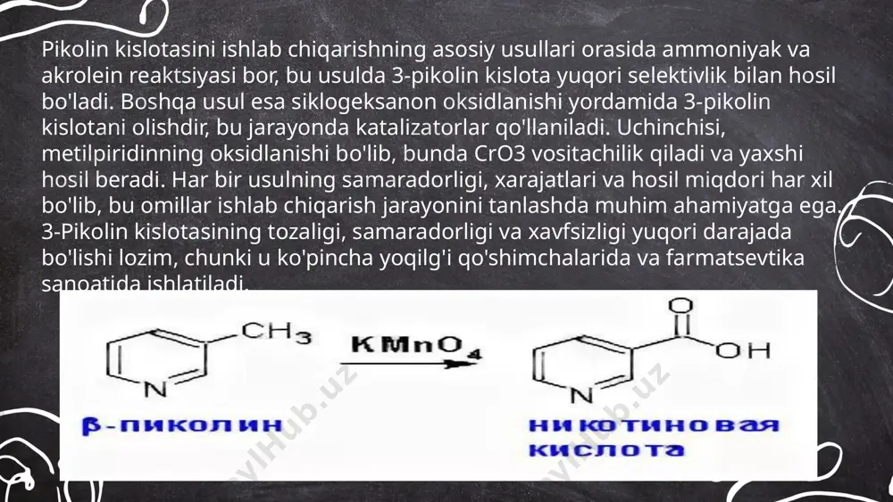 tlangan konteynerlardan foydalanish kerak. ish paytida himoya kiyimlari, qo‘lqop va ko‘zoynak taqish majburiydir. transportirovka vaqtida to‘satdan urilish va tebranishlardan saqlanish muhim. ... t.me/slaydai_bot 9. pikolin kislotasi xavfsizlik choralariga rioya qilish juda muhimdir. ushbu kislota bilan ishlashda himoya ko'zoynaklari va qo'lqoplar kiyish kerak, chunki u teri va ko'zlarga zarar yetkazishi mumkin. ishlaydigan joy yaxshi shamollatilishi lozim, chunki pikolin kislotasining bug'lari nafas olish tizimiga zarar yetkazishi mumkin. kislota saqlanishi kerak bo'lgan joy quruq va salqin bo'lishi kerak, olov va issiqlik manbalaridan uzoqda saqlanishi kerak. ushbu kimyoviy moddani bolalar va hayvonlardan yuqorida, yopiq holda saqlash muhimdir. agar kislota teriga tushsa, darhol suv bilan yuvilishi zarur. ... t.me/slaydai_bot 10. pikolin kislotasining sintez qilish usullari pikolin kislotasi (pyridine-2-karboxylic acid) sintetik sintezi uchun bir necha usullar mavjud. birinchi usul — pikolin va kislota diapazonini qayta ishlash orqali amalga oshiriladi. ko'pincha, pikolin kislotasini piridinning oksidlanishi yo‘li bilan olish mumkin. ushbu oksidlanish jarayoni kobalt, marganets yoki boshqa oksidlovchi …
