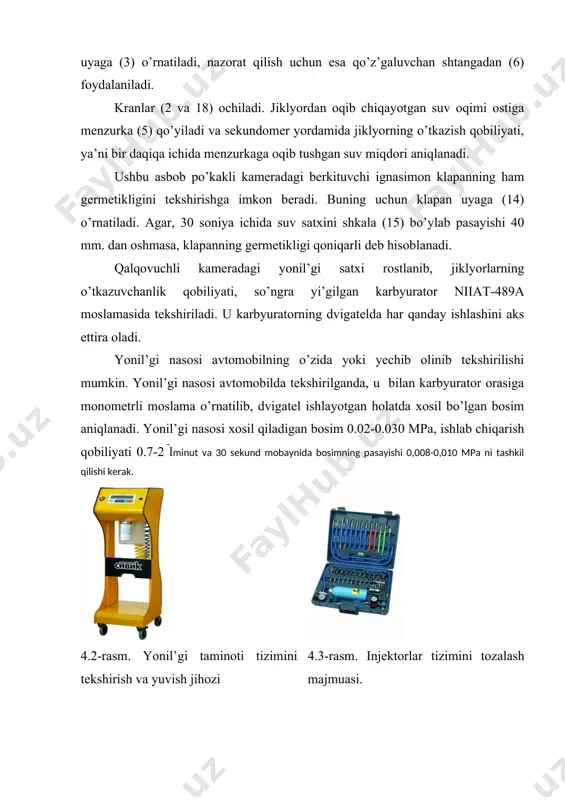o’tkaziladi. bunda yonil’gi nasosining texnik holati, ya’ni xosil qilayotgan bosimini tekshirish uchun, injektor blokiga kelgan yonil’gi shlangasi yechilib, o’rniga monometrli o’lchov asbobi o’rnatiladi va yonil’gi nasosining maxsus "k" klemmasi kuchlanish tarmo’giga ulanadi. 4.5-rasm. sdтa jihozining asosiy shakli 1-yuqori bosimli yonil’gi nasosi; 2-etalon forsunka; 3-menzurka; 4-yonil’gi sahining ko’rsatkichi; 5-termometr; 6, 10-yonil’gi bakchalari; 7-jihozning yonil’gi haydash nasosi; 8-filtr; 9-manometr; 11-kranlar; 12-yonil’gini to’plovchi vanna dizel dvigatellarining yonil’gi xaydovchi va yuqori bosimli nasos sdтa-1 va sdтa-2 jihozlarida tekshiriladi (4.5-rasm). yonil’gi haydash nasosining berilgan qarshilikdagi ish unumdorligi va yonil’gi kanali to’la yopiq bo’lganda, u sodir etadigan bosim tekshiriladi. yonil’gi haydash nasosini tekshirish uchun undan filtrga ketgan naycha o’lchov bakchasiga tushiriladi, yonil’gining nasosdan chiqishi esa, chiqishdagi bosim 60(80 kpa gacha ko’tarilishi uchun, kran vositasida biroz yopiladi. 1300 min-1 aylanishlar chastotasida yonil’gi haydash nasosi sodir etadigan bosim, manometrning (9) ko’rsatishiga qarab, nasosdan yonil’gi chiqishi kran bilan asta berkitgan holda aniqlanadi. agar nasos 0,4 mpa dan oz bosim …