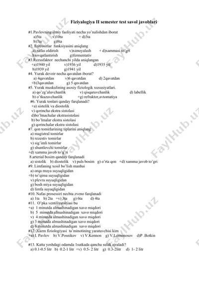 fiziyalogiya ii semester test savol javoblari — DOCX