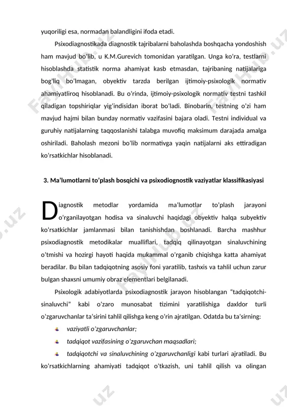 at-e’tiborini yo’naltirishiga hamda bor kuch-quvvatini safarbar eta olishiga to’la ishonch hosil qilishi kerak. fanda psixodiagnostik vaziyatlar klassifikasiyasi yaratilgan bo’lib, v.i.drujinin (1990) uning to’rtta varianti mavjudligini ta’kidlaydi: · tadqiqotda ixtiyoriy ishtirok etish va keyingi bosqichlarning mustaqil tanlovi (psixologik maslahat); · tadqiqotda majburiy ishtirok etishi, ammo keyingi harakatlarda mustaqil tanlovga ega bo’lishi (testni ishlab chiqishda talablarni o’rganish); · tadqiqotda majburiy ishtirok etish va tadqiqotdan so’nggi harakat tanlovi cheklangan (egallab turgan mavqyei talablariga ko’ra mos keluvchi testlashtirish); · tadqiqotda ixtiyoriy ishtirok, lekin keyingi harakatlarning cheklanganligi (professional tanlov). qo’shimcha sifatida shuni aytish kerakki, har qanday psixodiagnostik tadqiqotlar sinaluvchilarda tajriba motivini faollashtiradi. uni minimal darajaga olib kelish esa, psixologning vazifalaridan biri hisoblanadi. metodikalarni tanlash jarayoni iloji boricha shaxsning individual xususiyatlarini o’z ichiga qamrab olgan bo’lishi kerak bo’ladi. bu – o’z o’rnida diagnostik yechim va tahlilning aniqligini kelib chiqishiga sabab bo’ladi. shuningdek, diagnostik vazifalarga mos keladigan metodikalarning tanlanishi tadqiqotni o’tkazlishni shakllantirilishi va undan olinadigan natijalar foydalanilayotgan …