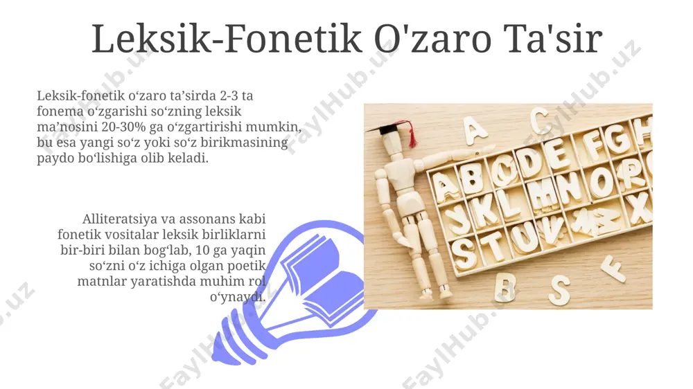 lib, matnning musiqiyligi va ifodaliroq boʻlishini taʼminlaydi, 3-4 ta misolni keltirish mumkin. alliteratsiya sheʼriy matnlarda 2-3 ta yoki undan ortiq soʻzlarning bir xil undosh tovushlari bilan boshlanishi orqali 2 ta asosiy fonetik vosita – ritm va ohangni yaratadi. stilistik funktsiyalarni tahlil qilish 01 02 stilistik funktsiyalarni tahlil qilishda 3 ta asosiy parametr: 1) leksik birliklarning chastotasi, 2) fonetik xususiyatlarning takrorlanishi va 3) ularning ma'noviy yukini aniqlash muhim ahamiyatga ega. sales 1st qtr 2nd qtr 100 0 sales 1st qtr 2nd qtr 100 0 e'tiboringiz uchun rahmat @taqdimot_robot image4.jpg image5.jpg image6.jpg image7.jpg image8.jpg image9.jpg image10.jpg image11.jpg image12.jpg image13.jpg image14.jpg image15.jpg image1.jpeg image2.jpeg image3.jpeg