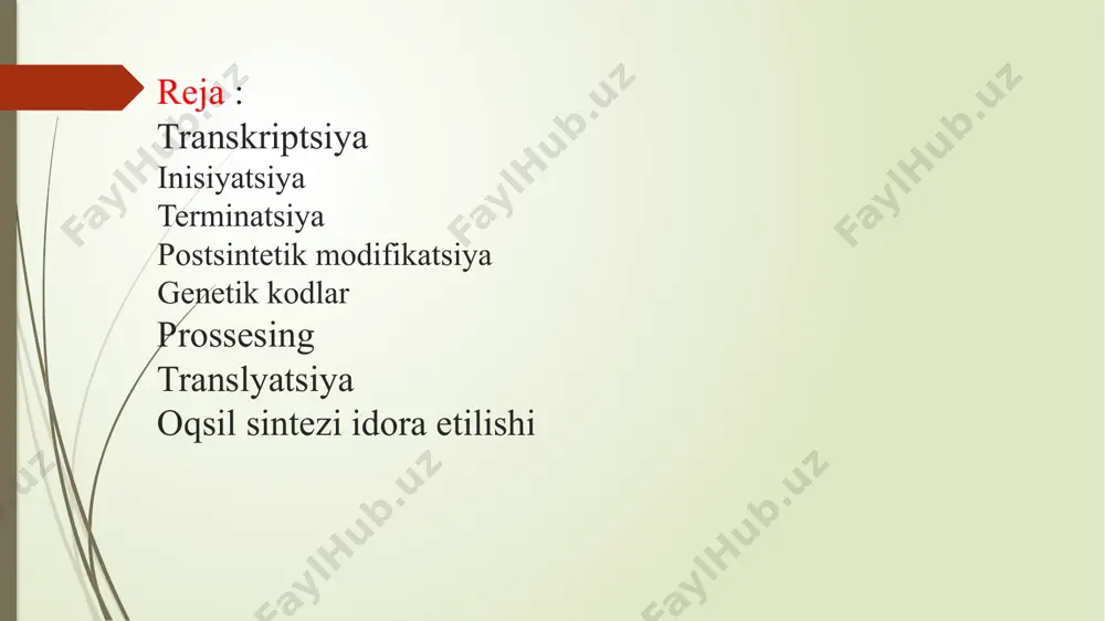digan qismi kesib, ajratib olinishi; - splaysing – axborot saqlovchi genlarning birikishi; - rnk ning 5’ oxiriga trifosfat yordamida 7-metilguanozin cap (qalpoq) ulanishi; - rnk ning 3’ oxiriga poli-a dumi (poliadenil) ulanishi; hosil bo`lgan pre-mrnk tarkibida axborot saqlovchi (ekzonlar) va axborot saqlamaydigan (intronlar) mavjud. bu qismlar splaysing jarayoniga uchraydi. ya`ni intronlar va ekzonlar ajratilib, rnk ligaza fermenti orqali ekzonlar birlashtiriladi. ekzonlar faol gen saqlovchi qismlar hisoblanadi. jarayon yadro ichida sodir bo’ladi. pre-mrnk-da ekzon va intronlarni oddiy tasvirlash. ulardagi splaysing uchun muhim saytlari. kamida to'rtta turli xil intron sinflari aniqlangan: spiceosomal oqsillar tomonidan olib tashlanadigan (splaysosomal intron) rnk tashuvchi yadro va arxaeal oqsillar tomonidan olib tashlanadigan (trnk intronlari) i guruh rnk ​​katalizi bilan olib tashlanadigan o'z-o'zidan splaysing bo’luvchi intronlar ii guruh rnk ​​katalizi bilan olib tashlanadigan o'z-o'zidan splaysing bo’luvchi intronlar iii guruhning intronlari beshinchi oilaga tegishli deb taxmin qilinadi, ammo ularning tarqalishini ta'minlaydigan biokimyoviy apparatlar haqida kam ma'lumot mavjud. ko'rinishidan, ular …
